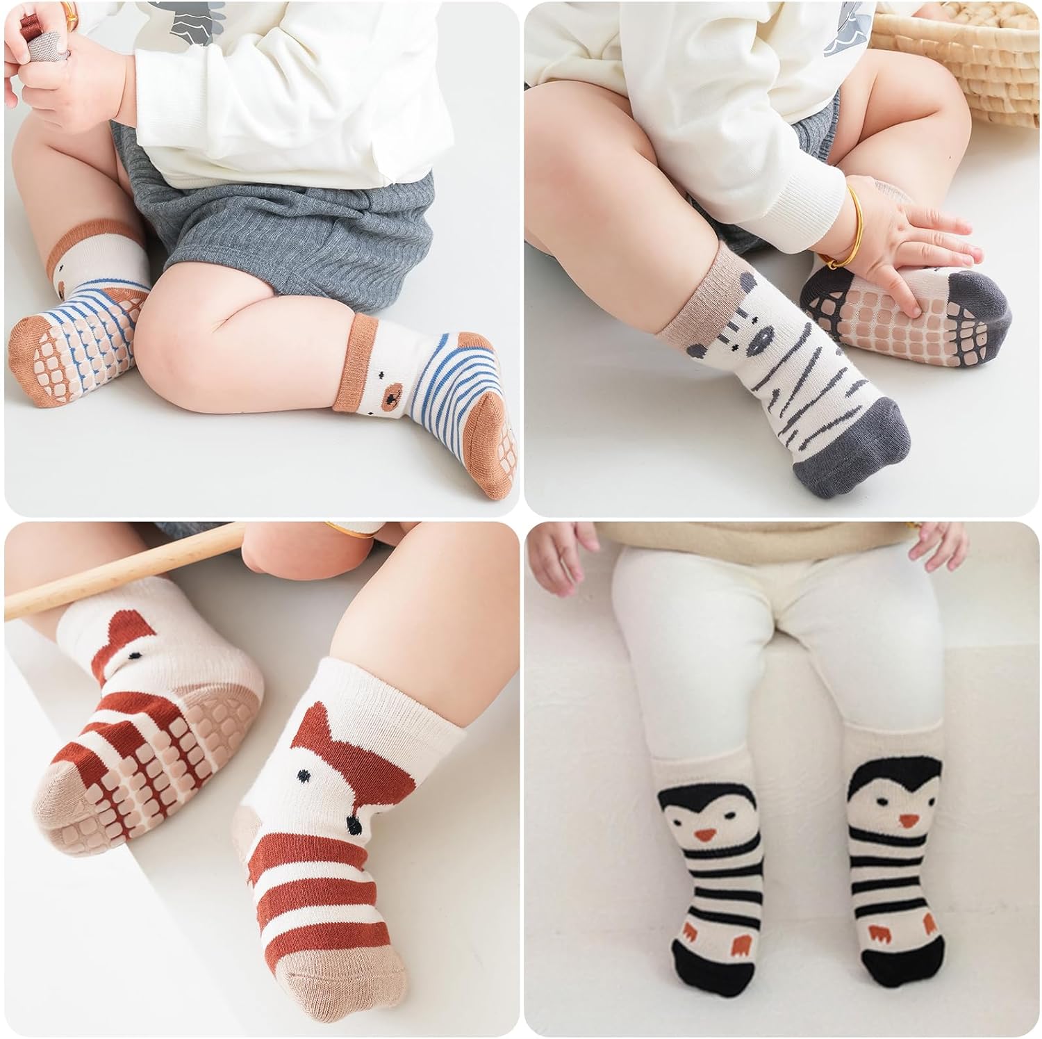 Simpeak 4 Pairs Baby Non Slip Grip Socks, Unisex Breathable Cotton Baby Non Slip Grip Toddler Socks, Animal Breathable Children Floor Crawling Socks for Boys Girls, Ankle Socks, Thin Socks,1-3 Year