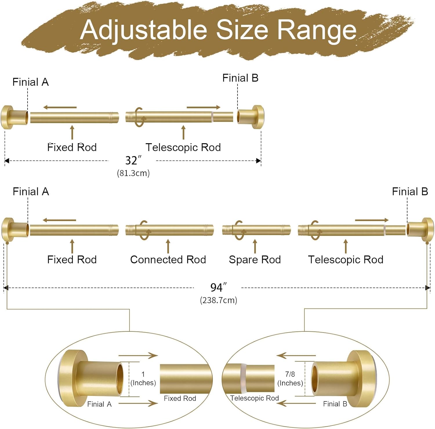 YNL Gold Shower Curtain Rod 32-94 Inch(2.7-7.8ft), Non-Slip, Never Rust, Stainless Steel No Drill Spring Tension Shower Rod, Adjustable Long Curtain Rod for Bathroom Window Patio