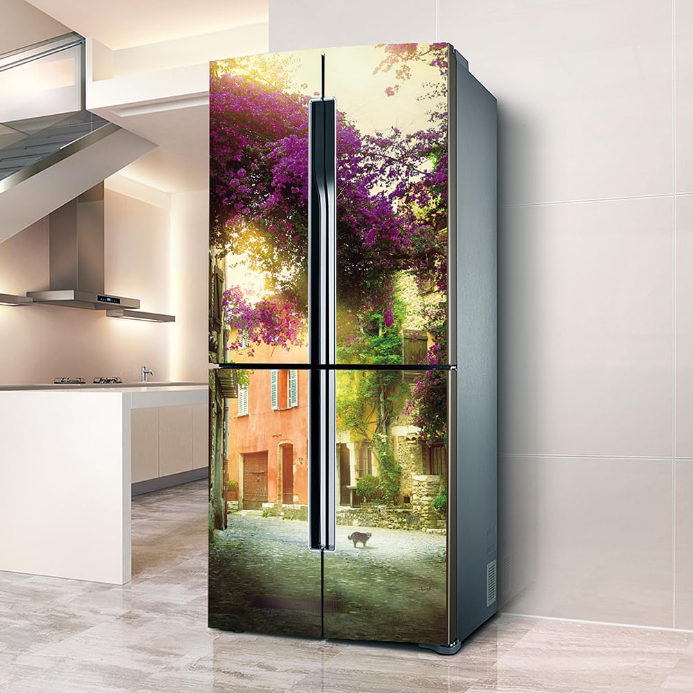 Myxjx One Color Fridge Wrap, Full Covering Door Fridge Covers Skins Wall Stickers For Kitchen Decal, French Street View Cat