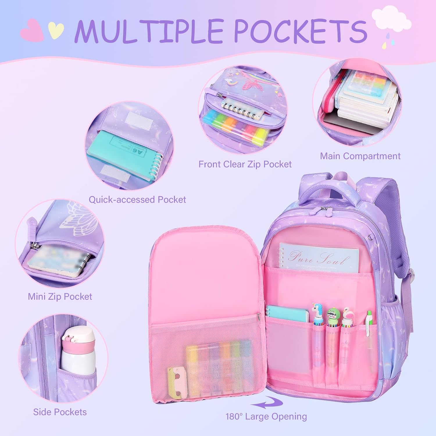 ACESAK Kids School Backpack for Girls, Bookbag Backpack with Lunch Box & Pencial Pouch Set for Girls Kids Teens Elementary Middle School Student, Girl Backpacks for Schools (Purple Rainbow)