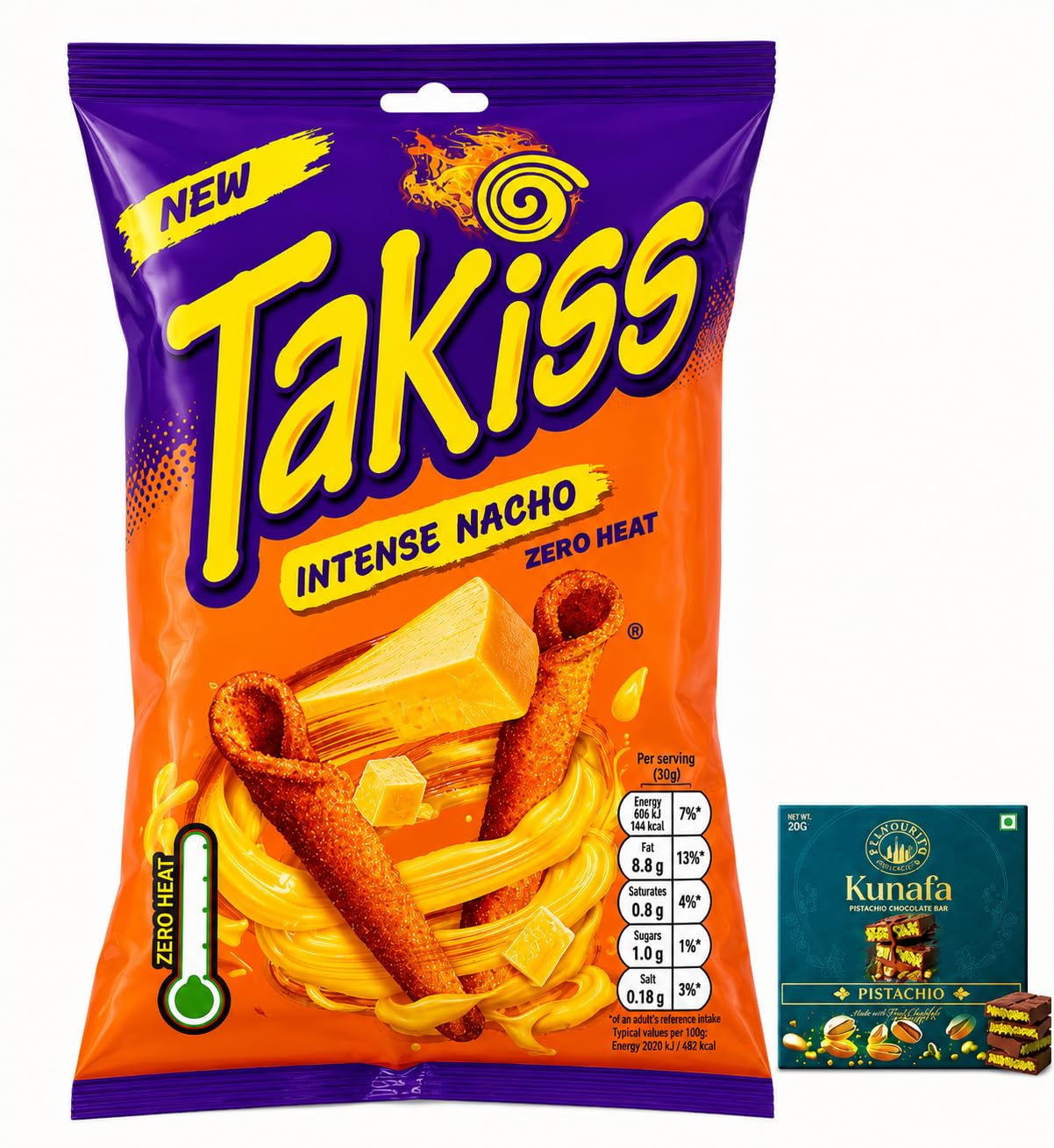 Takiss Intense Nacho Zero Heat Rolled Corn Chips 100g With Free Flavourito Kunafa Pistachio Chocolate Bar, 20g By Decadent Foods (Imported UK)-image-29