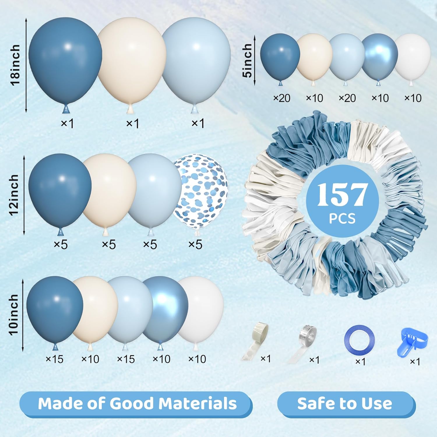 Ouddy Life 157 Pcs Dusty Blue Balloons Garland Arch Kit, Dusty Baby Light Metallic Blue Sand White Confetti Balloon Different Size Birthday Wedding Boy Baby Shower Gender Reveal Decorations