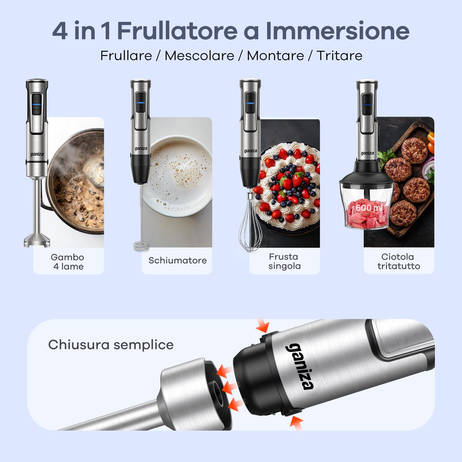 Ganiza Frullatore a immersione 5 in 1, 1200 W con controllo della velocità e modalità Turbo, in acciaio inossidabile, completo di tritatutto, frusta, montalatte e misurino, ideale per zuppe e frullati
