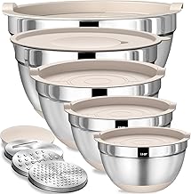 Mixing Bowls with Airtight Lids Set, 5PCS Stainless Steel Khaki Nesting Bowls with Grater Attachments, Kitchen Bowls with Non-Slip Bottoms, Size 5, 4, 3.5, 2, 1.5QT for Mixing & Serving