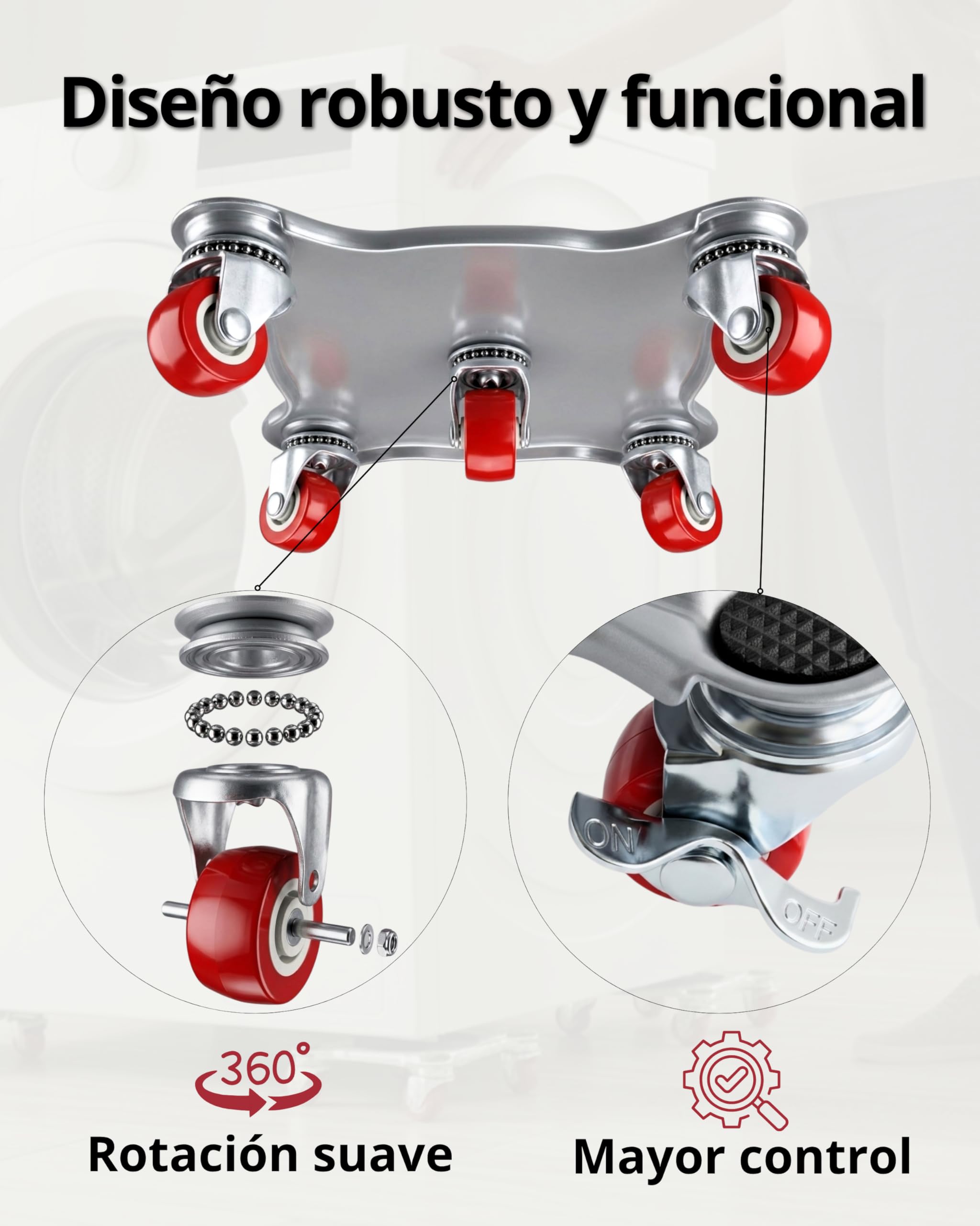 Kit para Mover Muebles Pesados | 4 Plataformas Acero Reforzado con 5 Ruedas 360° y 2 Frenos | Palanca Elevadora Extensible | hasta 800 kg | Protege Parquet y Suelo
