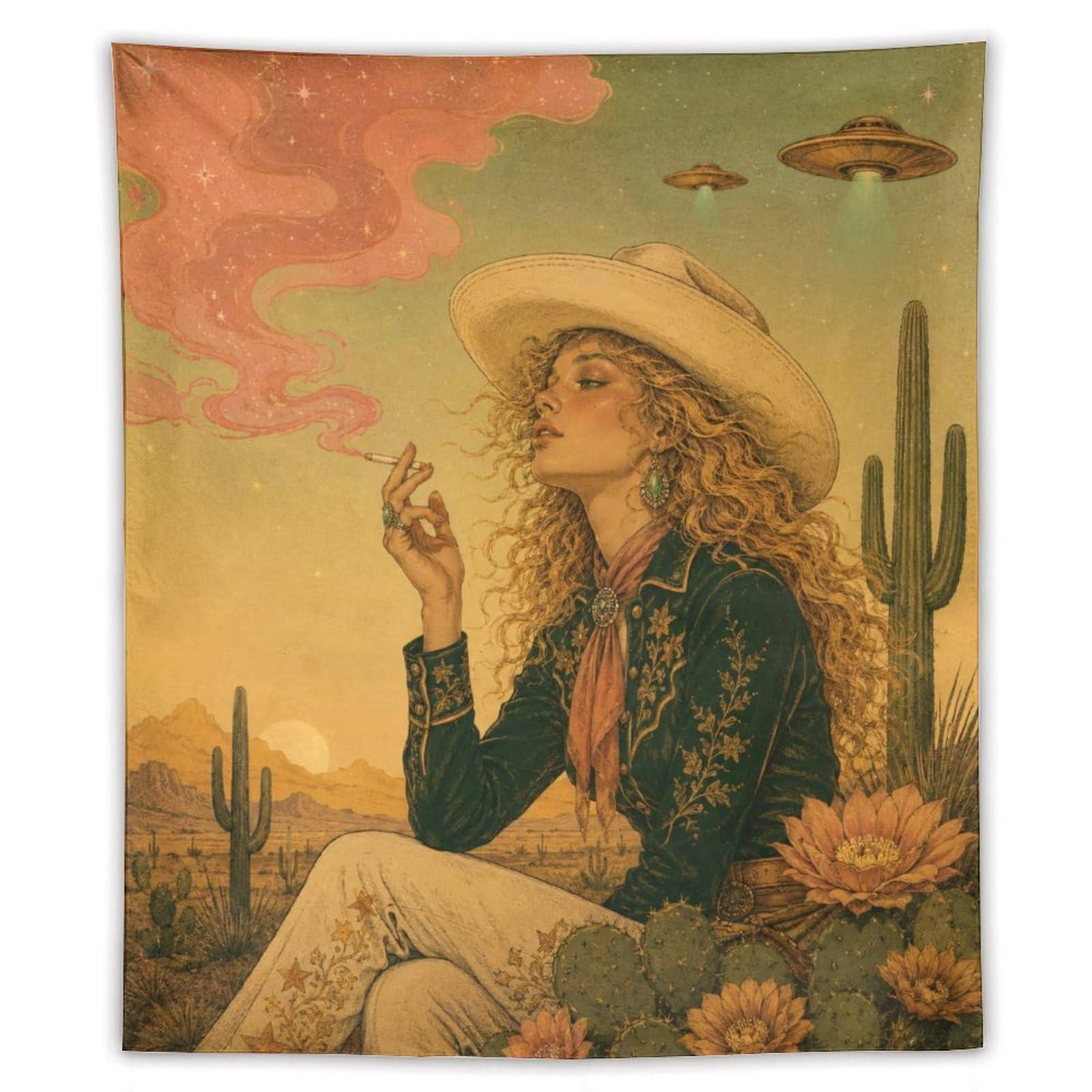 H3B8U2Y5 UFO Cowgirl Desert Sunset Wall Tapestry, Surrealist, Surreal Sky