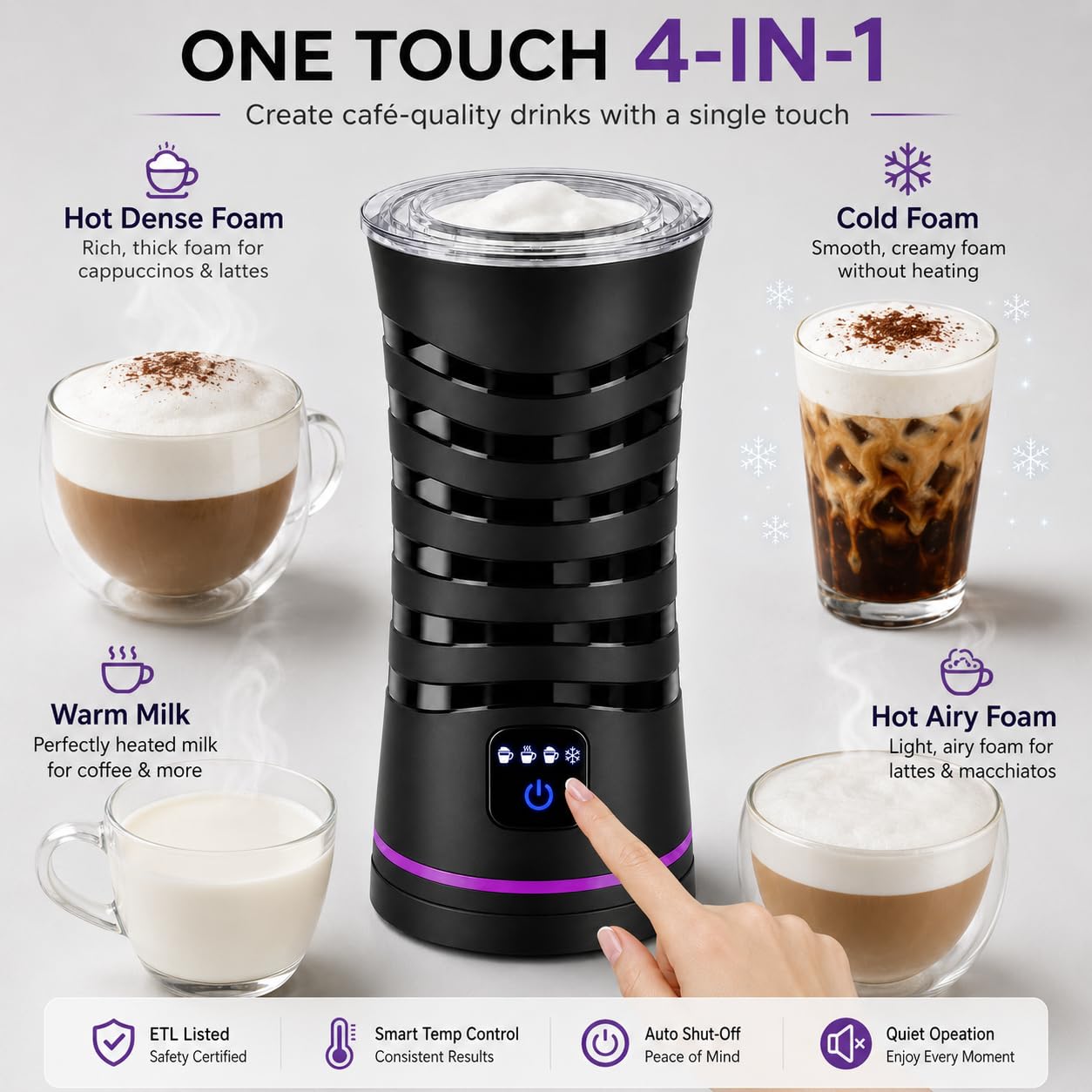 Montalatte elettrico a vapore, 4 in 1 con controllo touchscreen, schiuma per latte caldo e freddo, funzione riscaldante, scaldalatte per latte, cappuccino, macchiato, cioccolata calda, nero lucido