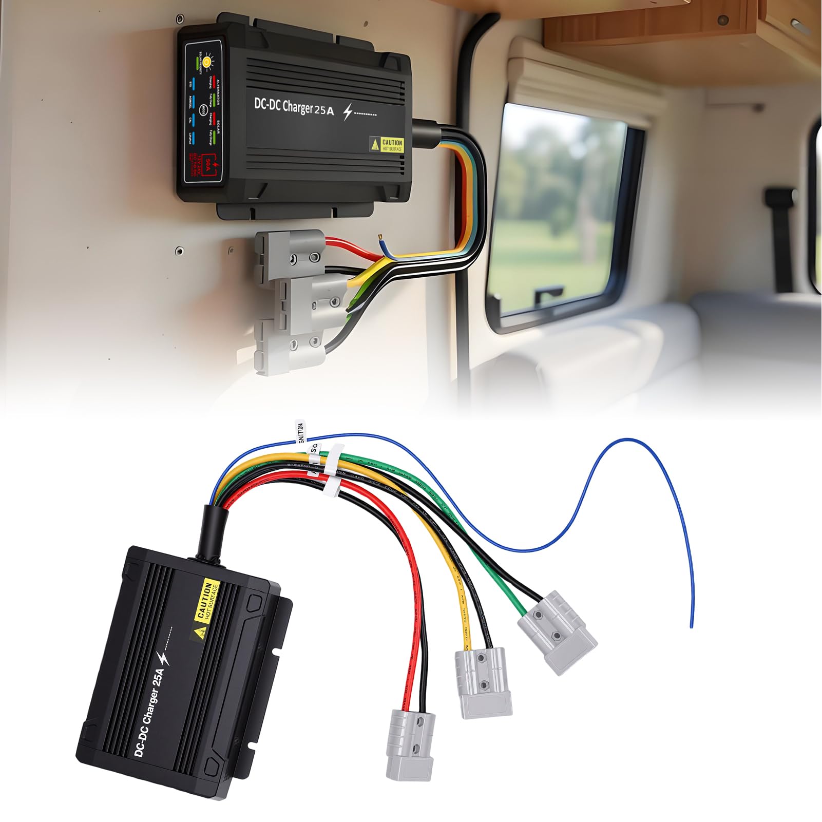 FTVOGUE Cargador de Batería CC a CC 25A MPPT Entrada Dual Solar | Aleación de aluminio, entrada solar MPPT, uso marino RV, compatibilidad Gel AGM LFP, resistencia al agua IP68, control de 3