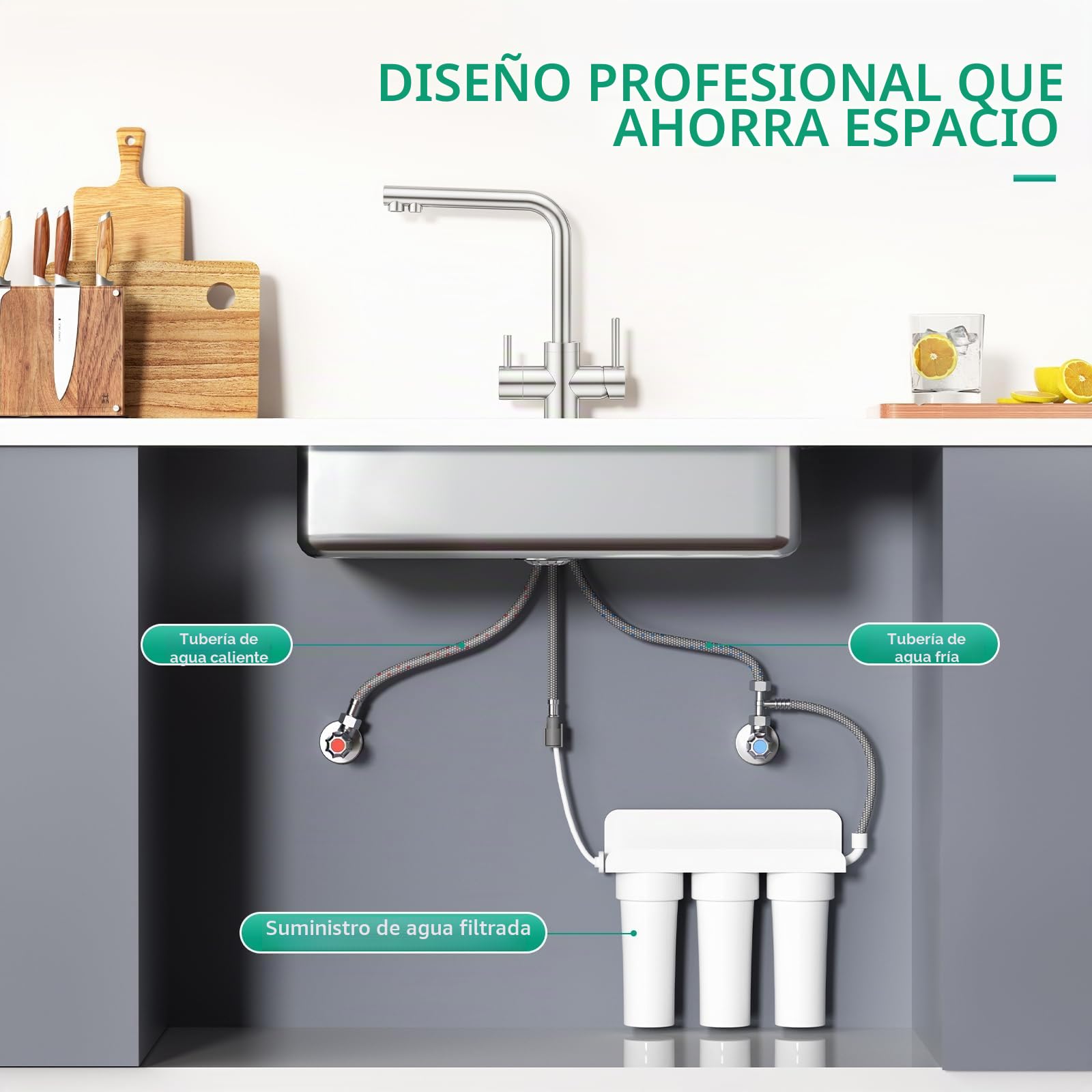 Grifo de Cocina Acero Inoxidable 3 Vías, Giratorio 360°, Mezclador 3 en 1 para Filtro de Agua Potable, Grifo con Doble Mando, Superficie Cepillada – Compatible con Sistema de ósmosis