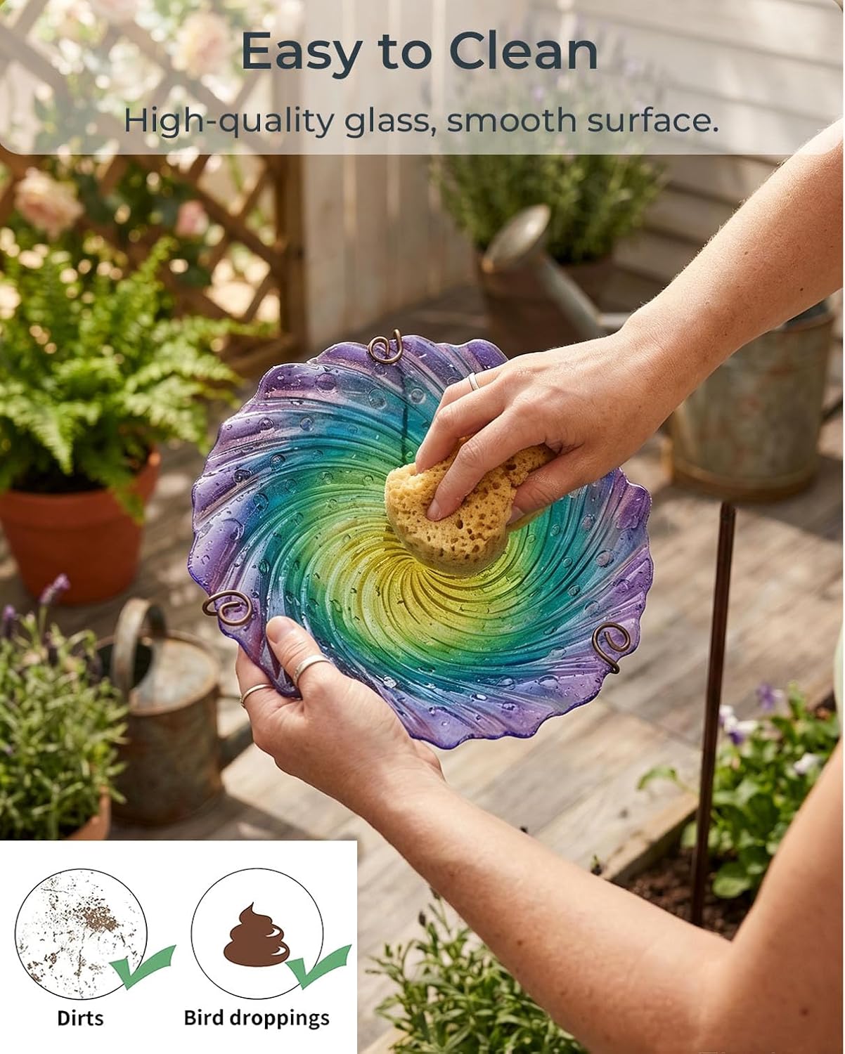 Blue Glass Bird Bath for Outside with Metal Stake 10.5" | Shallow Decorative Garden Birdbath Bowl or Feeder for Backyard Patio Lawn | Outdoor Water Dish for Small Birds