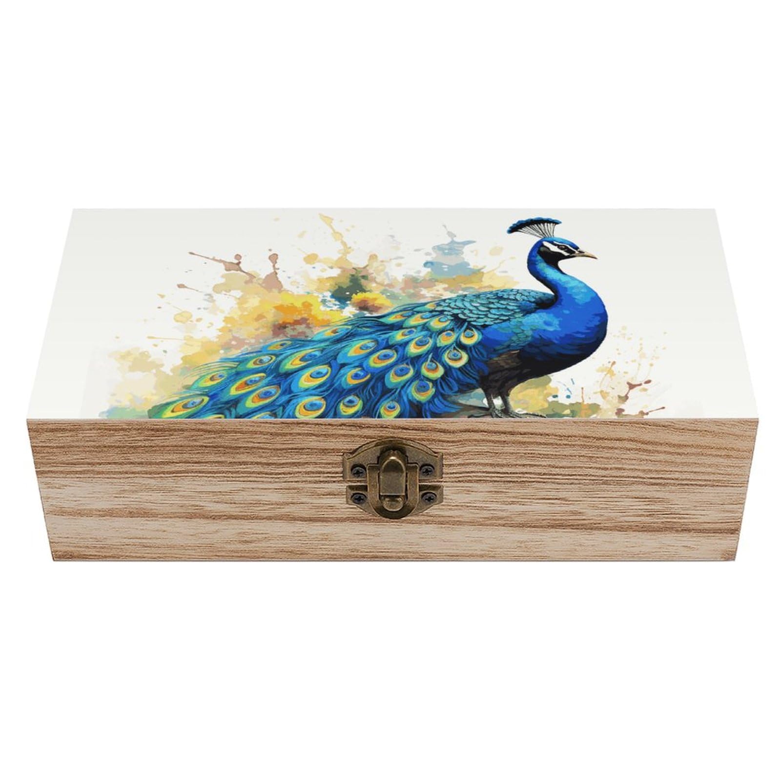 JTREHY Wooden Storage Box Container,Peacock Watercolor Paintingprinted Desk Storage Box Room Decoration Box Souvenir Storage Box for Jewelry Gift Storage And Home Decoration