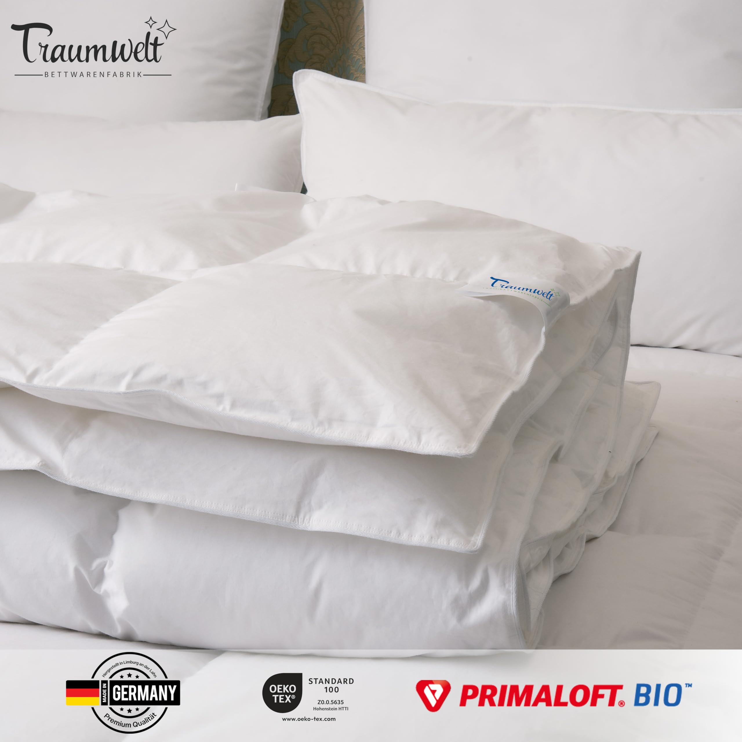 Taumwelt Natur Made in Germany Bettdecke 240x220 cm, Daunenalternative mit Primaloft Bio Mikrofasern-Füllung, für alle Jahreszeiten, Füllgewicht: 1220g, weiß, Allergiker geeignet, Öko-Tex 100