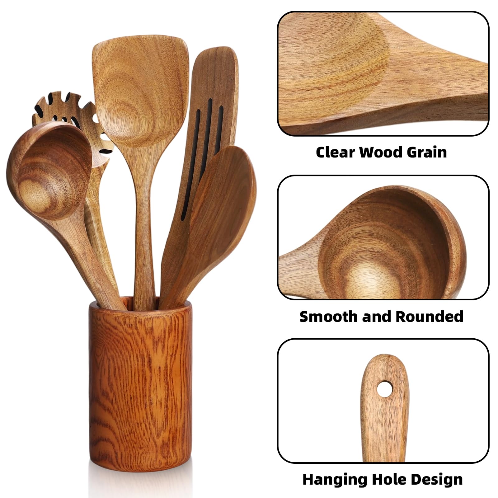 13 Pezzi Set Mestoli in Legno Set Utensili Cucina in Legno Spatola Cucina e Cucchiai Cucchiaio Utensili in Teak con supporto,poggiamestolo e ganci