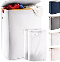 Vista 11 de Cesta de lavandería Lonbet con tapa, fabricada con tela transpirable Cestas estéticas para ropa con asas laterales y marco de bambú resistente