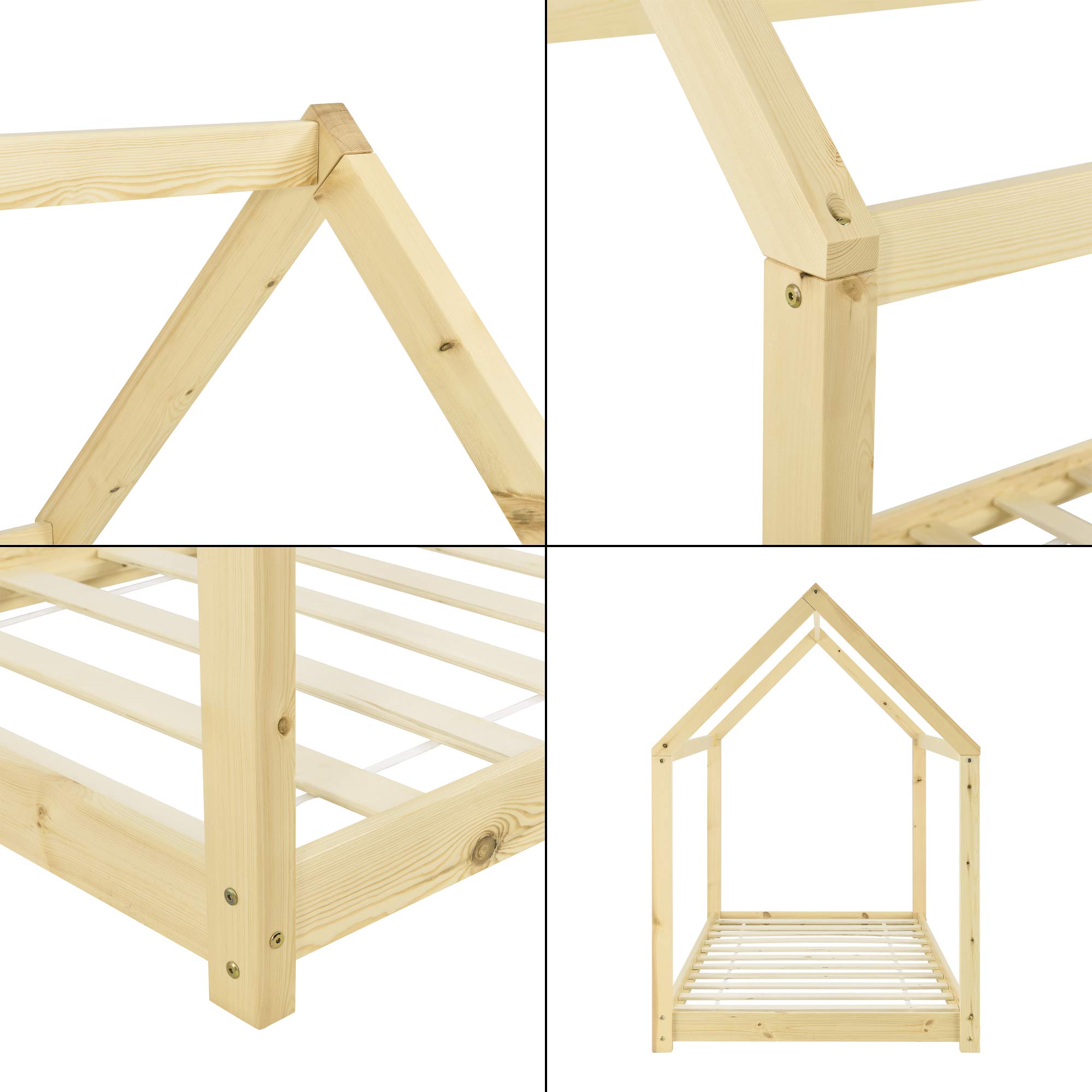 [en.casa] Letto per Cameretta a Forma di Casetta Letto per Bambini Adolescenti Struttura in Legno di Pino in Stile Montessori 90 x 200 cm Color Naturale