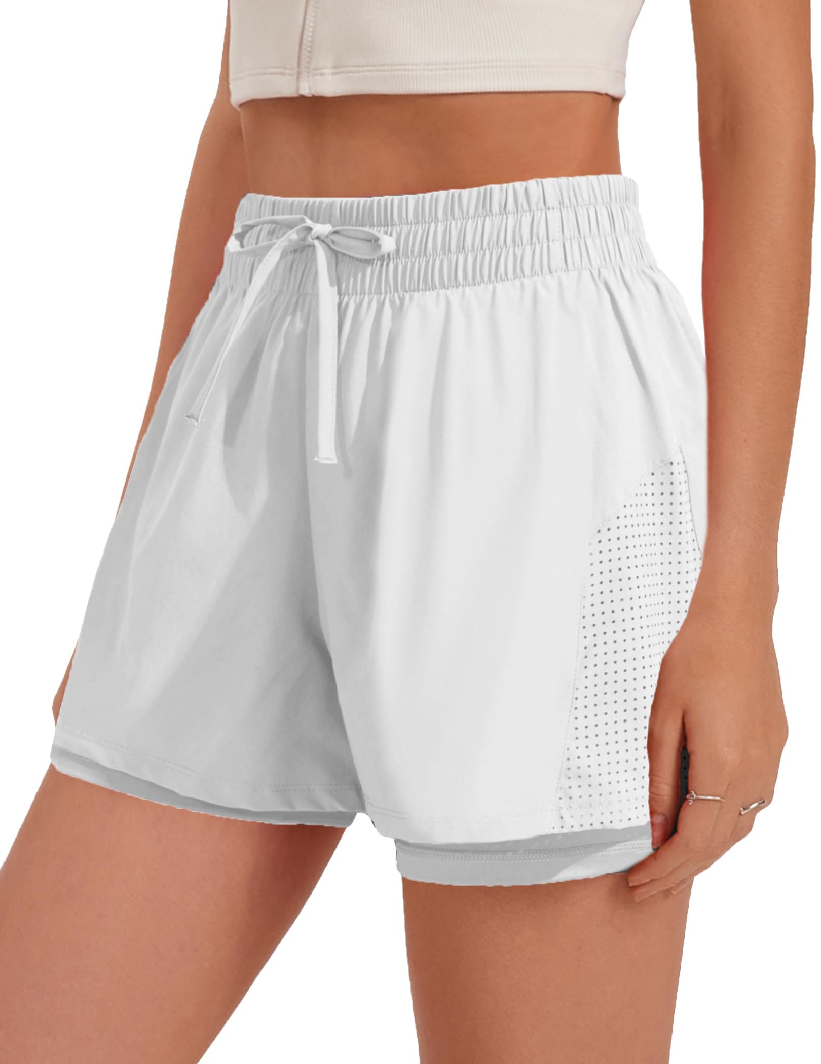 PINSPARK Damen Sporthose Kurz Sportshorts 2 in 1 Sport Shorts mit Taschen High Waist Laufhose Schnelltrocknende Trainingshose Running Hose Fitness Yoga Jogging