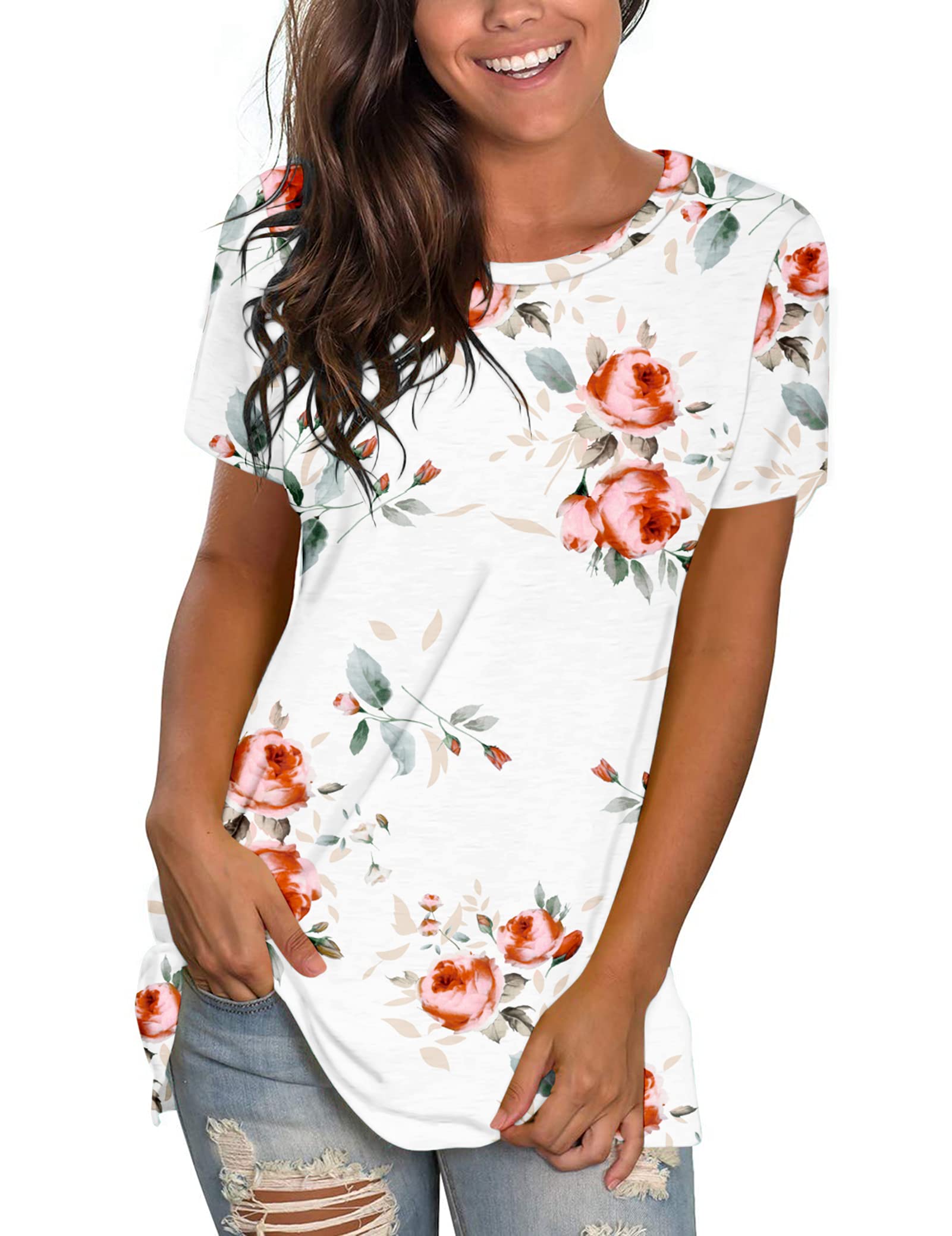 WNEEDU Womens Tops Summer T-Shirt Short Sleeve Crewneck Loose Fit Casual Basic Tee Tops 2025 New