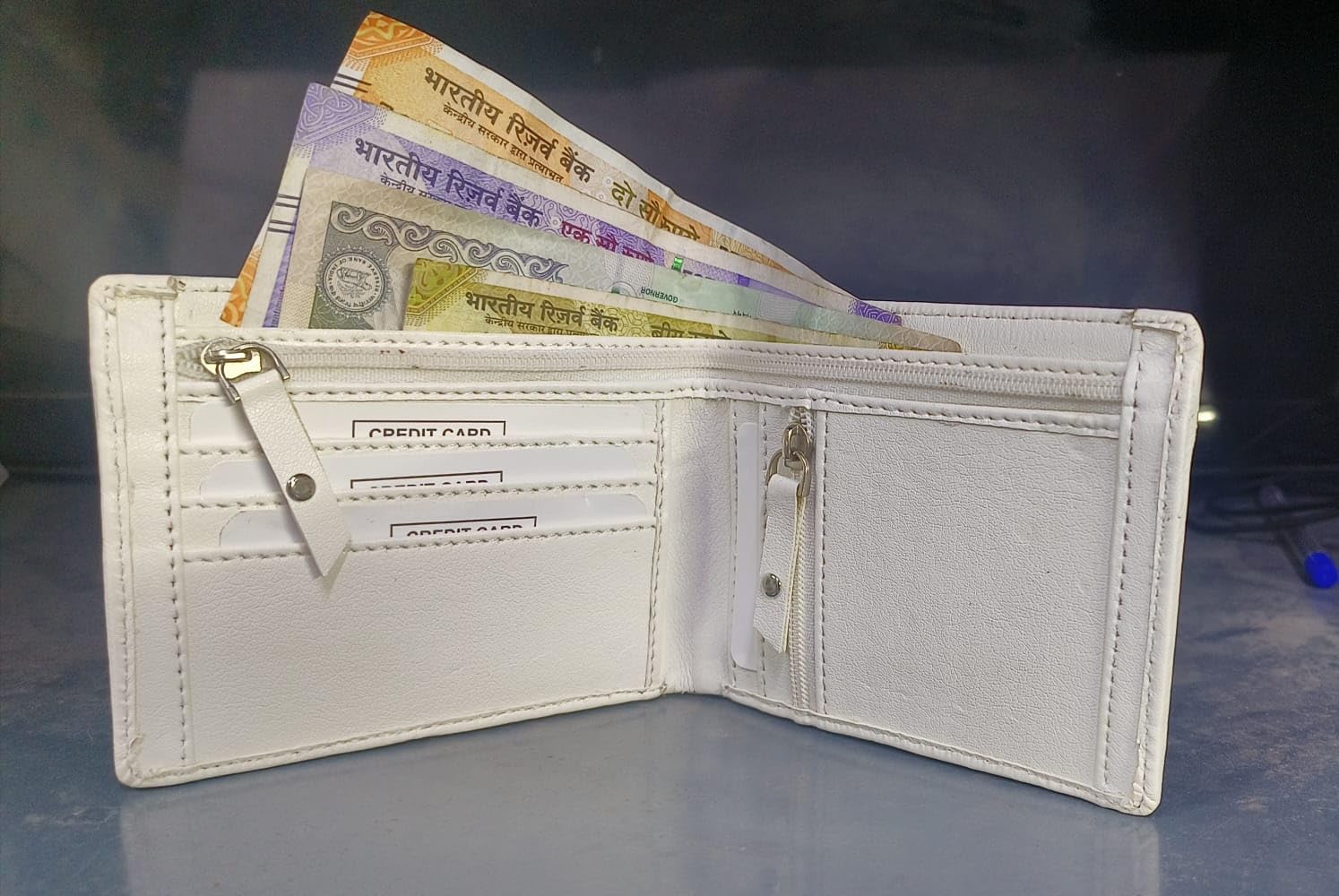 Artificial Leather Bifold Wallet with Zip Coin Pocket, Multiple Card Slots, 3 Currency Compartments, Brown (White)-picture-54