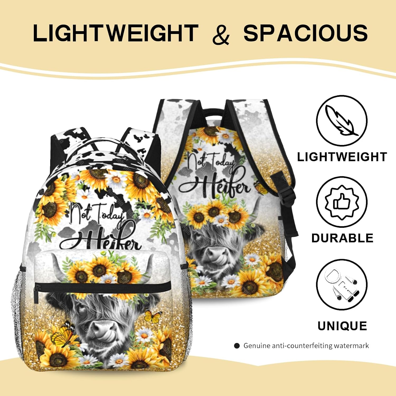 Cow Backpack Highland Cow Sunflower School Backpack Cow Print Bookbag For Kids Boys Girls Elementary Middle School For Camping Travel Back Pack - Image 3