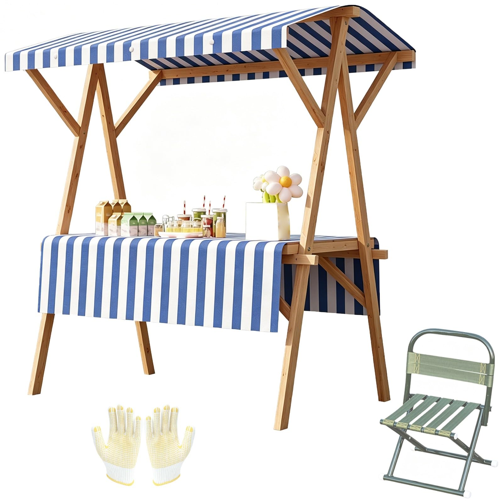 Wooden Market Stall vendor Cart with Striped Canopy, Foldable Vendor Booth with Wheels, Chair for Flea Market, 660lbs Load(Blue,144x60x190cm/56x24x75in)