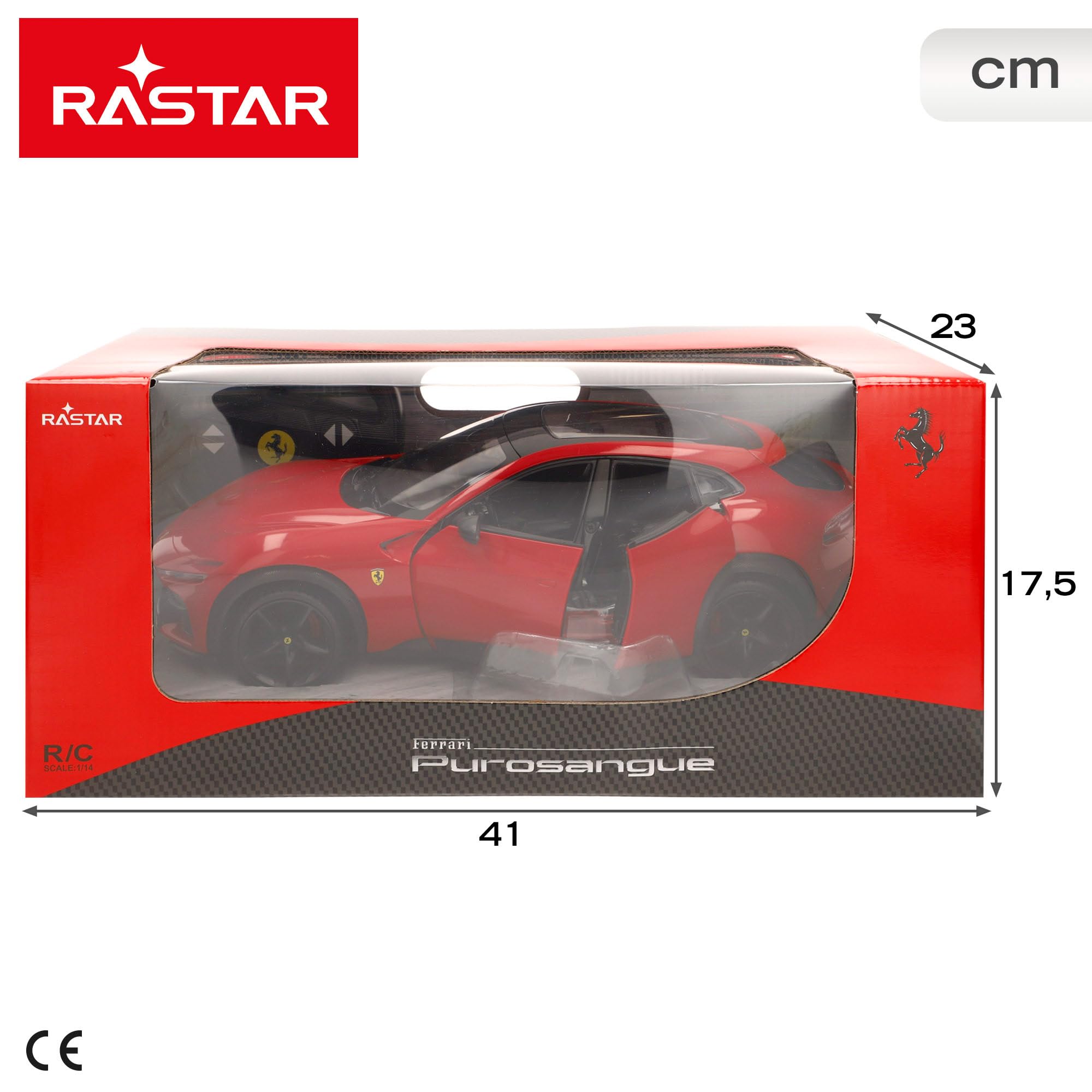 ColorBaby RASTAR RC Ferrari Purosangue, skala 1:14, replika pilota, drzwi składane, wierne szczegóły, kolekcjonerskie samochody, dla chłopców i dziewcząt od 6 lat (41370)