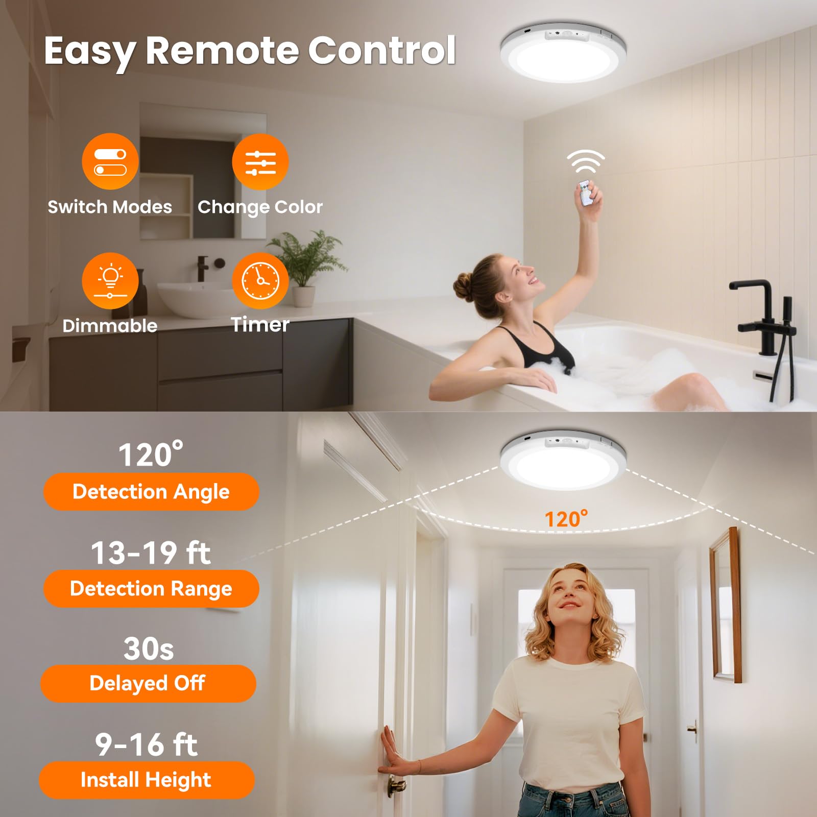Plafonnier rechargeable à détecteur de mouvement pour intérieur et extérieur avec télécommande, 18 cm, à piles, 3000 K, 4000 K, 6000 K, 400 lm, intensité variable pour placard, couloir
