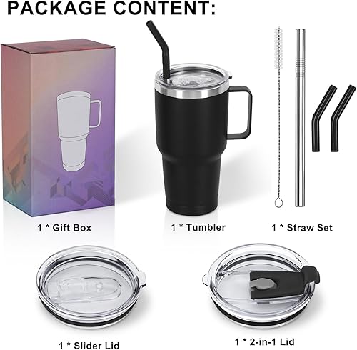 Miniatura 6 de Vaso aislado de 30 onzas con asa, de acero inoxidable, taza de café aislada de doble pared, a prueba de derrames, color negro, paquete de 1