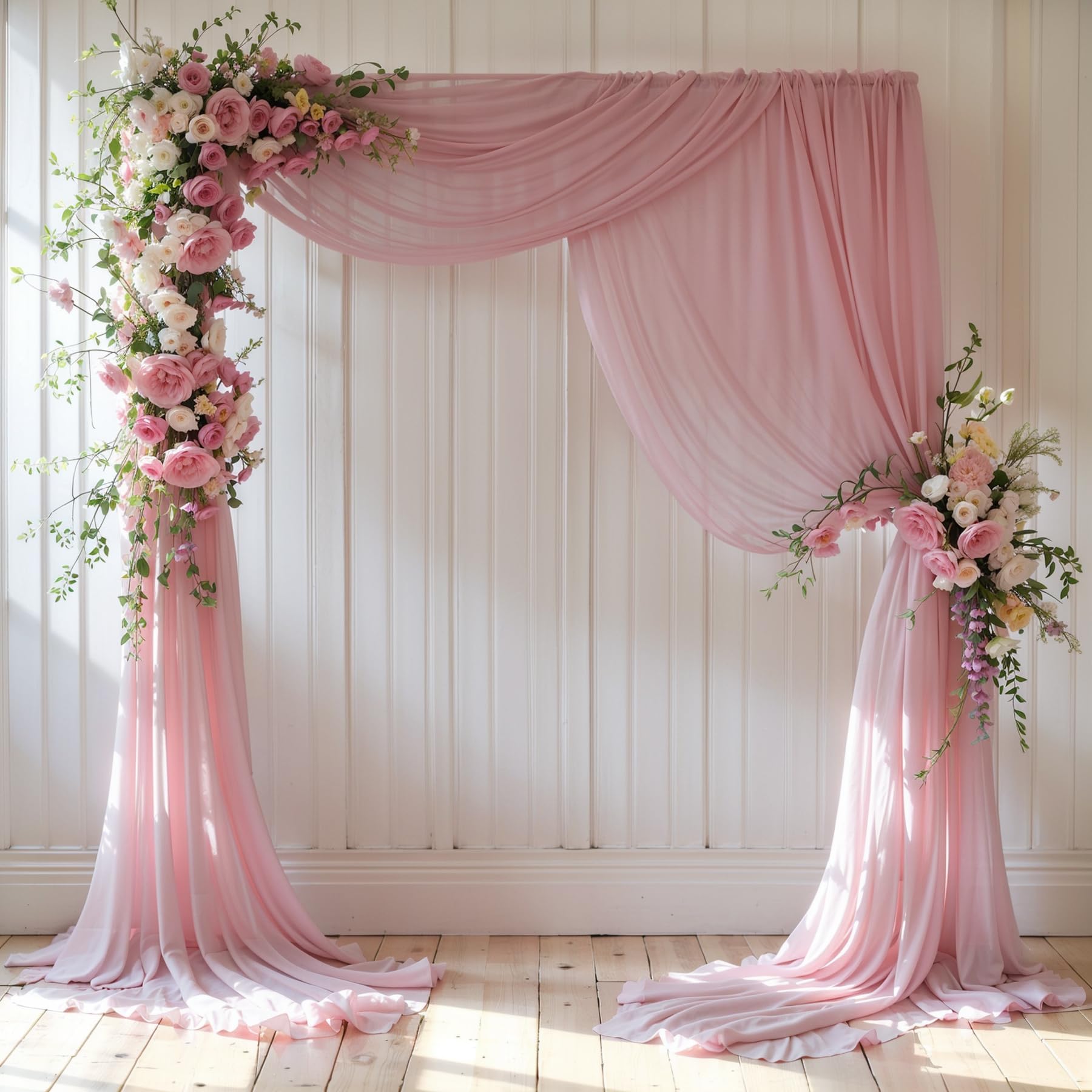 Vorhang für Hochzeitsbögen, 2 Paneele, 4,7 m, durchscheinender Hintergrund, Chiffon-Stoff, Vorhang, Voile, Schals, Drapierpaneele für Hochzeit, Torbogen, Zeremonie, Vorhang, Volant, Party-Dekoration