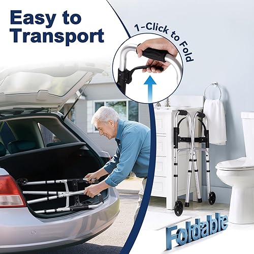 Miniatura 5 de Andadores plegables HolyHeal para personas mayores con cesta y patines deslizantes, ruedas de 5", andador rodante ligero, soporta hasta 350 libras,