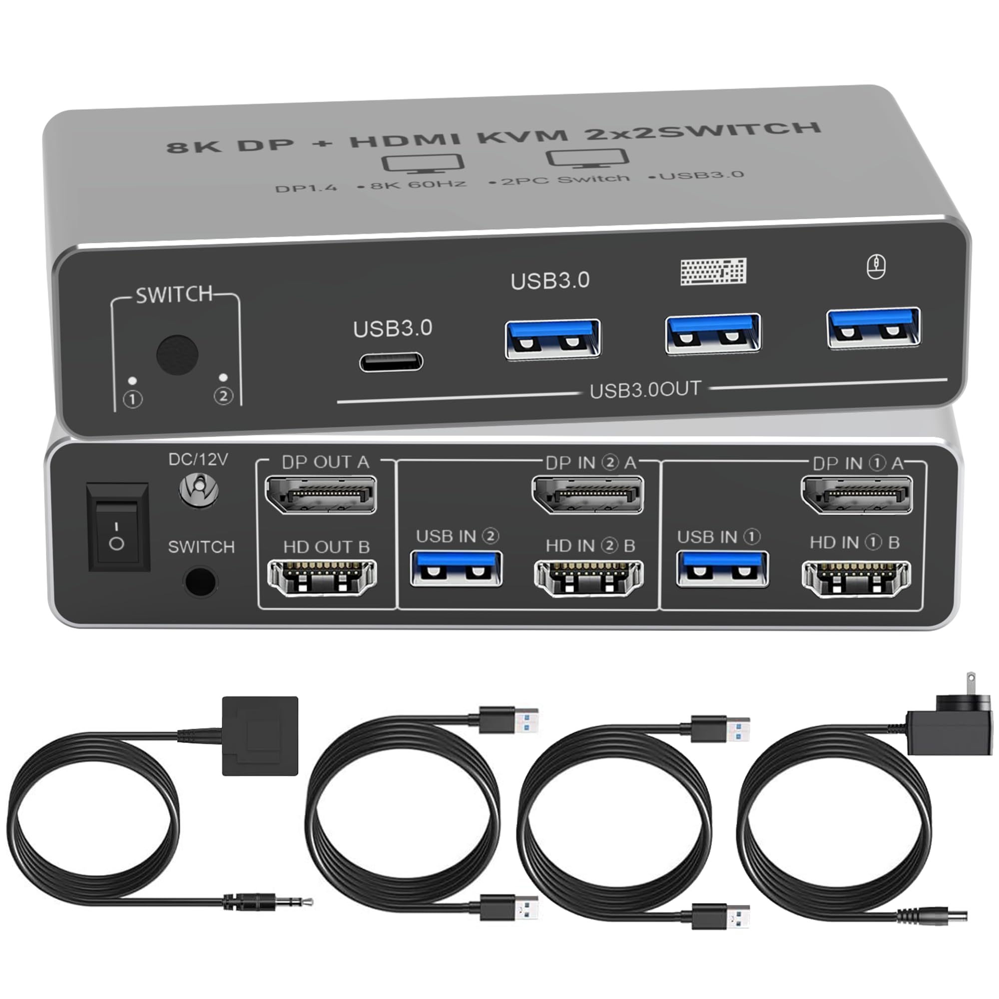 Tendak Switch HDMI Displayport KVM 2 PC 2 monitor, 8K DP HDMI KVM USB Switch tastiera mouse commutatore con 4 porte USB 3.0 per 2 PC Share 2 monitor, supporto 8K@60Hz 4K@120Hz HDCP 2.3