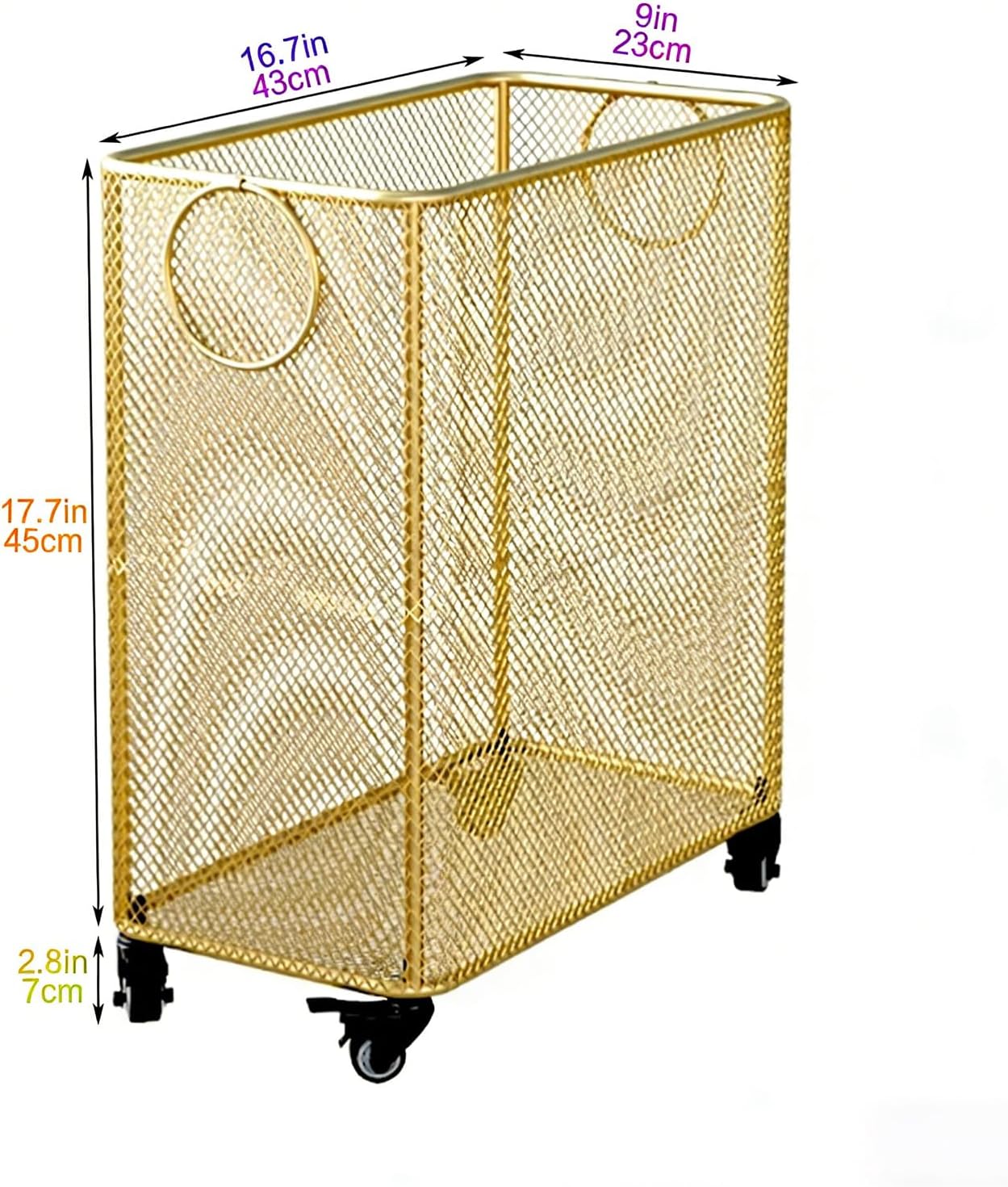 Rolling Laundry Hamper with Wheels, Metal Wire Basket Cart with Lockable Casters and Handles, Gold Laundry Basket for Clothes, Towels, Toy and Yoga Mat Storage