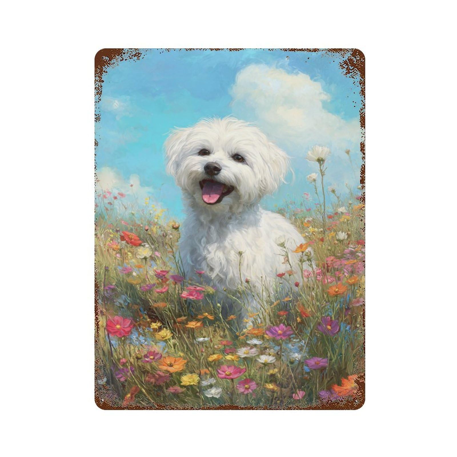 Floral Field with Happy Dog -8 Vintage Rust Metal Sign 15.7"x11.8", Shabby Chic Decor for Living Room, Hallway And Home Decor