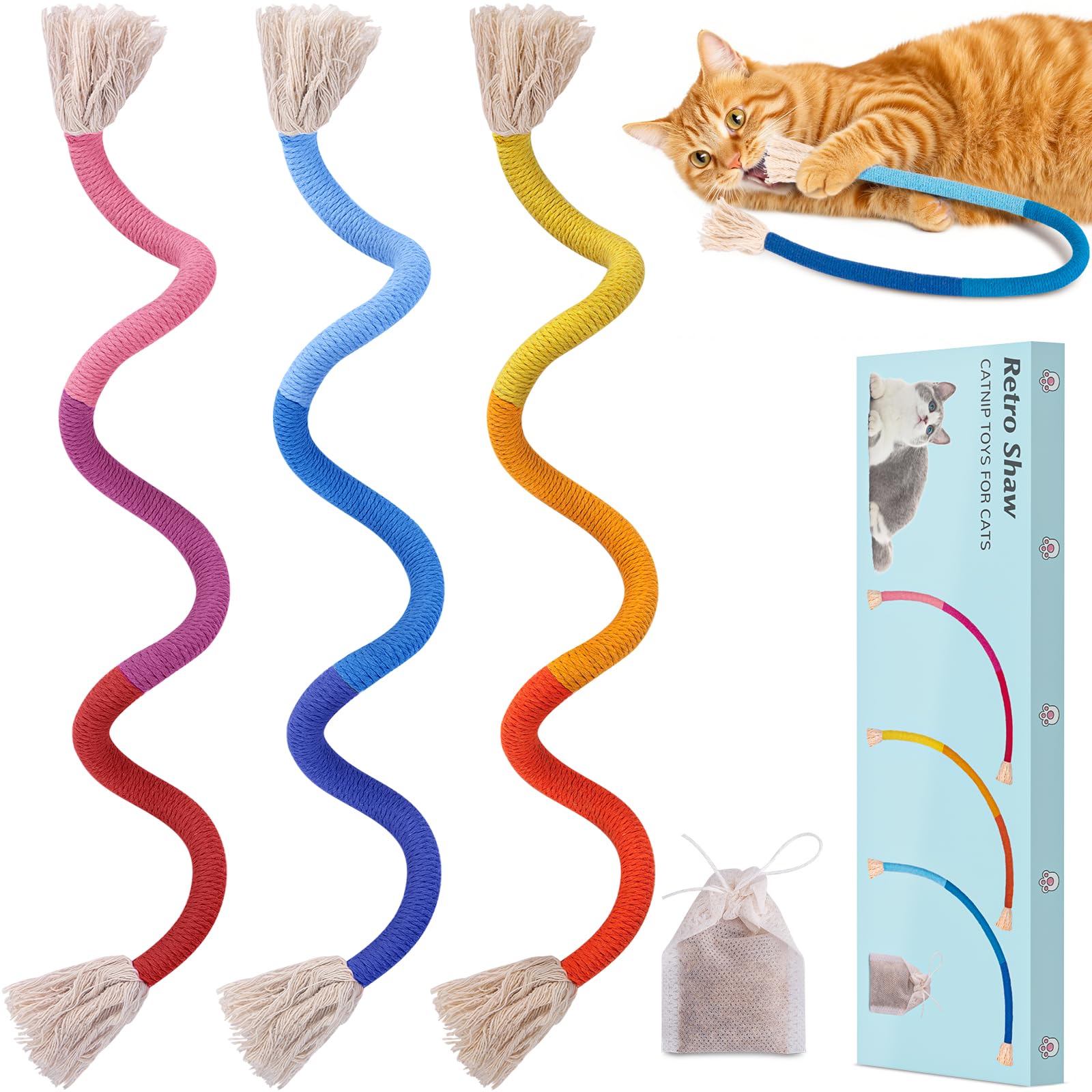 Retro Shaw Cat Toys Ropes 3Pcs with Refillable Natural Catnip Safe Teeth Cleaning Kitten Chew Toys for Indoor