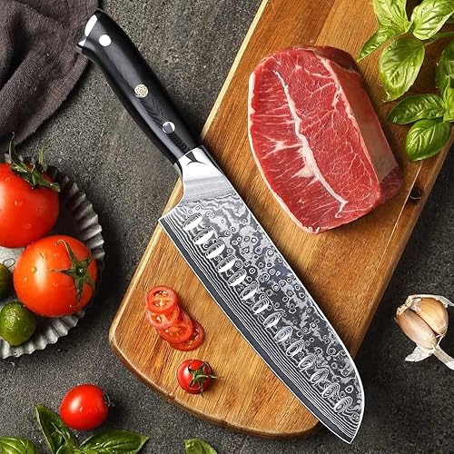 Vista 4 de TURWHO Cuchillo Santoku profesional de 7 pulgadas, diseño clásico de damasco japonés VG-10 cuchillo de chef de acero