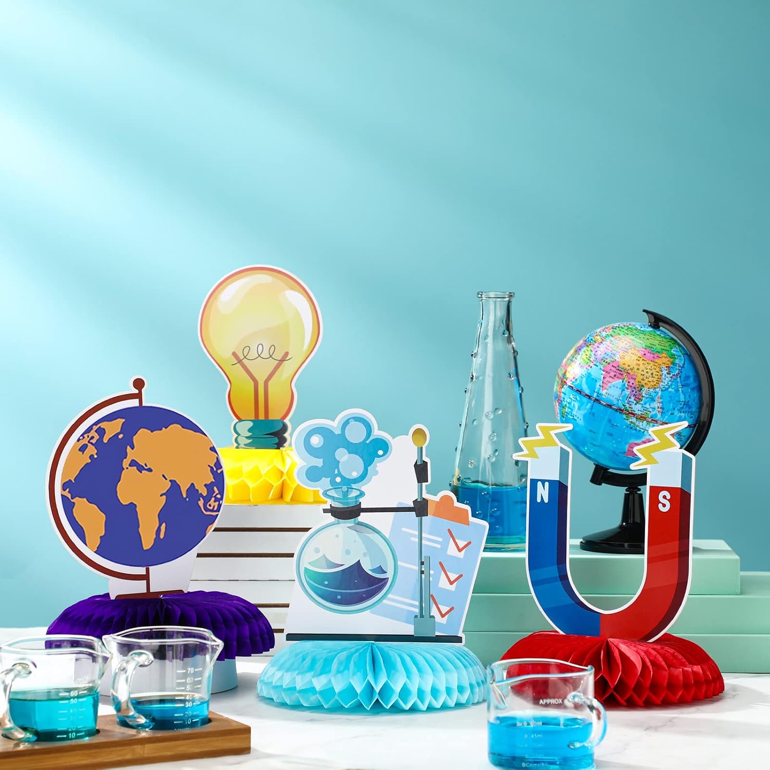 Fainne 9 Pcs Science Party Decorations Honeycomb Centerpieces 3D Table Decor Table Toppers for Science Fair Chemistry Stem Math Party Supplies Lab Week School Birthday Decorations, 9 Styles