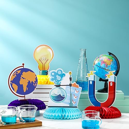 Miniatura 2 de Fainne 9 piezas de decoración de fiesta de ciencia, centros de mesa con temática de panal de abeja con temática de ciencia, decoración de mesa 3D,