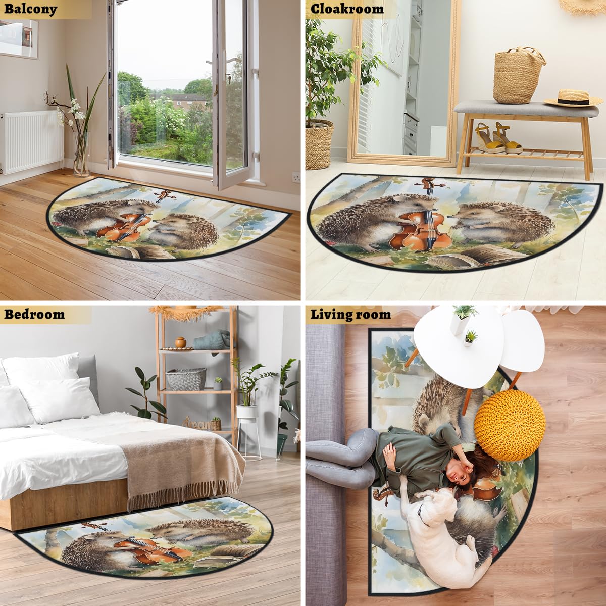Mexpekil Paillasson demi-rond pour intérieur et extérieur - Motif hérisson - Demi lune - Antidérapant - Lavable - Attrape la saleté - 100 x 160 cm