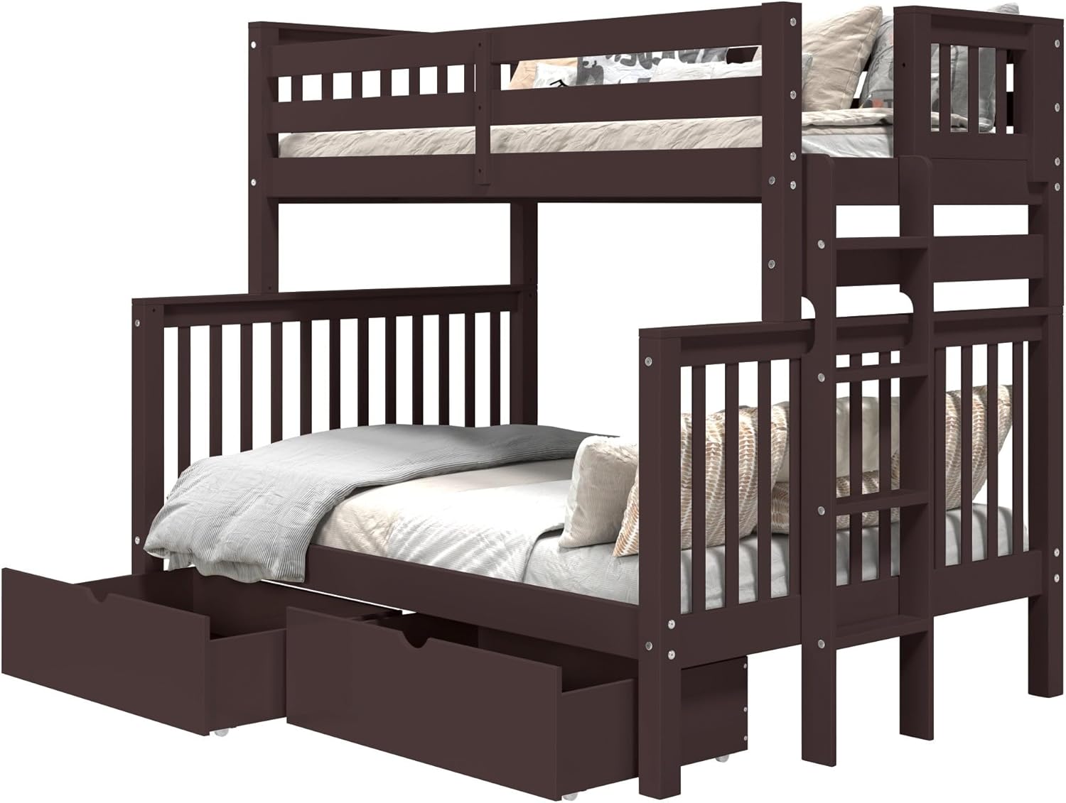 Bedz King Bunk Beds Twin Over Full Mission Style, End Ladder, 2 Storage Drawers, Dark Cherry