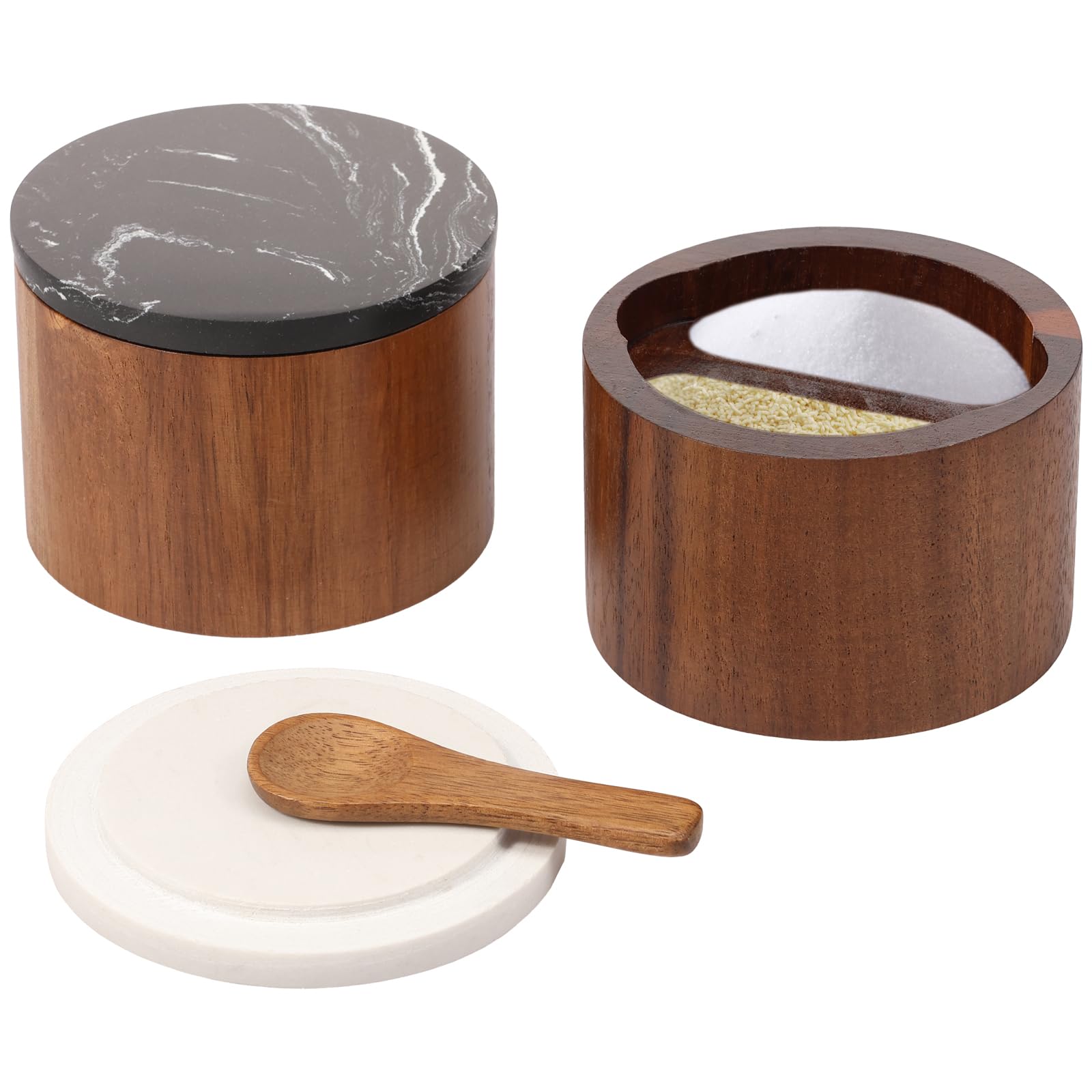Nzwbshssp 2 Grids 2 Set Salt Cellar Box With Lid Spoon Natural Acacia Wood Salt Pepper Sugar Spice Seasoning Container Jar With Marble Lid Kitchen Spice Holder Well Keeper Pepper Pinch Bowl Cooking Essential(2 Grids)