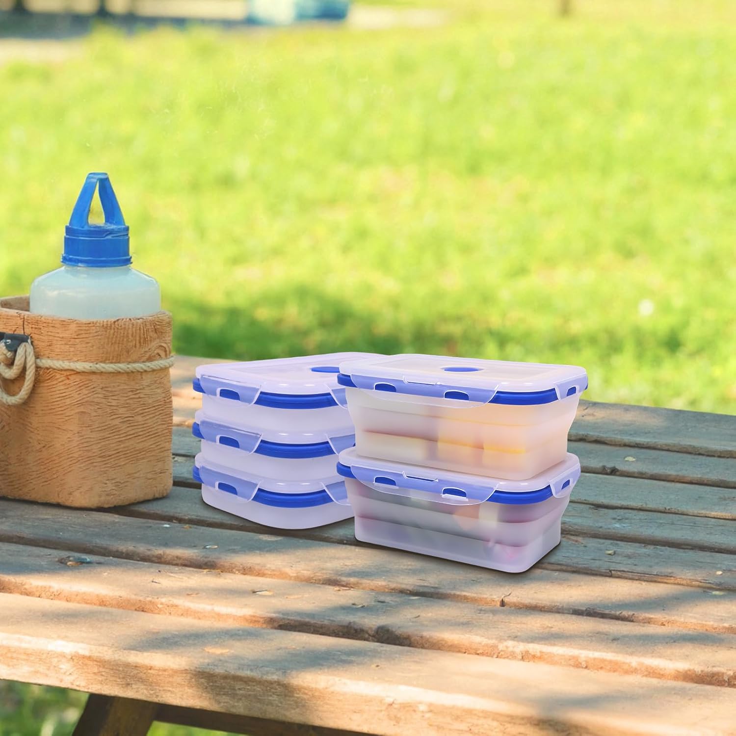 5 Pack Translucent Collapsible Silicone Food Storage Containers with Leak-Resistant Lids, 27oz Bento Lunch Box, microwave, dishwasher, freezer safe, BPA Free