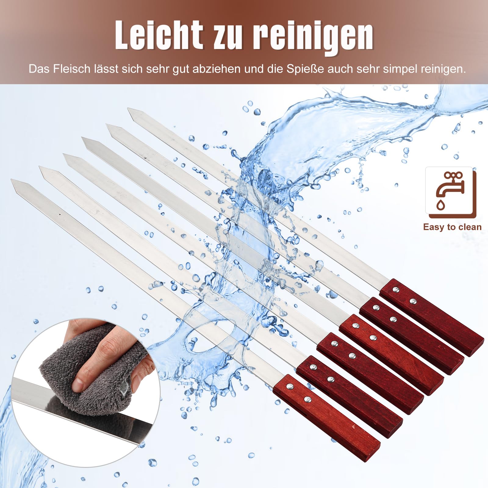 10 Stücke Flache Grillspießen Edelstahl mit Holzgriffen，60cm Schaschlikspieße Wiederverwendbar, Adana Kebab Spieße Grillzubehör für Grillbesteck