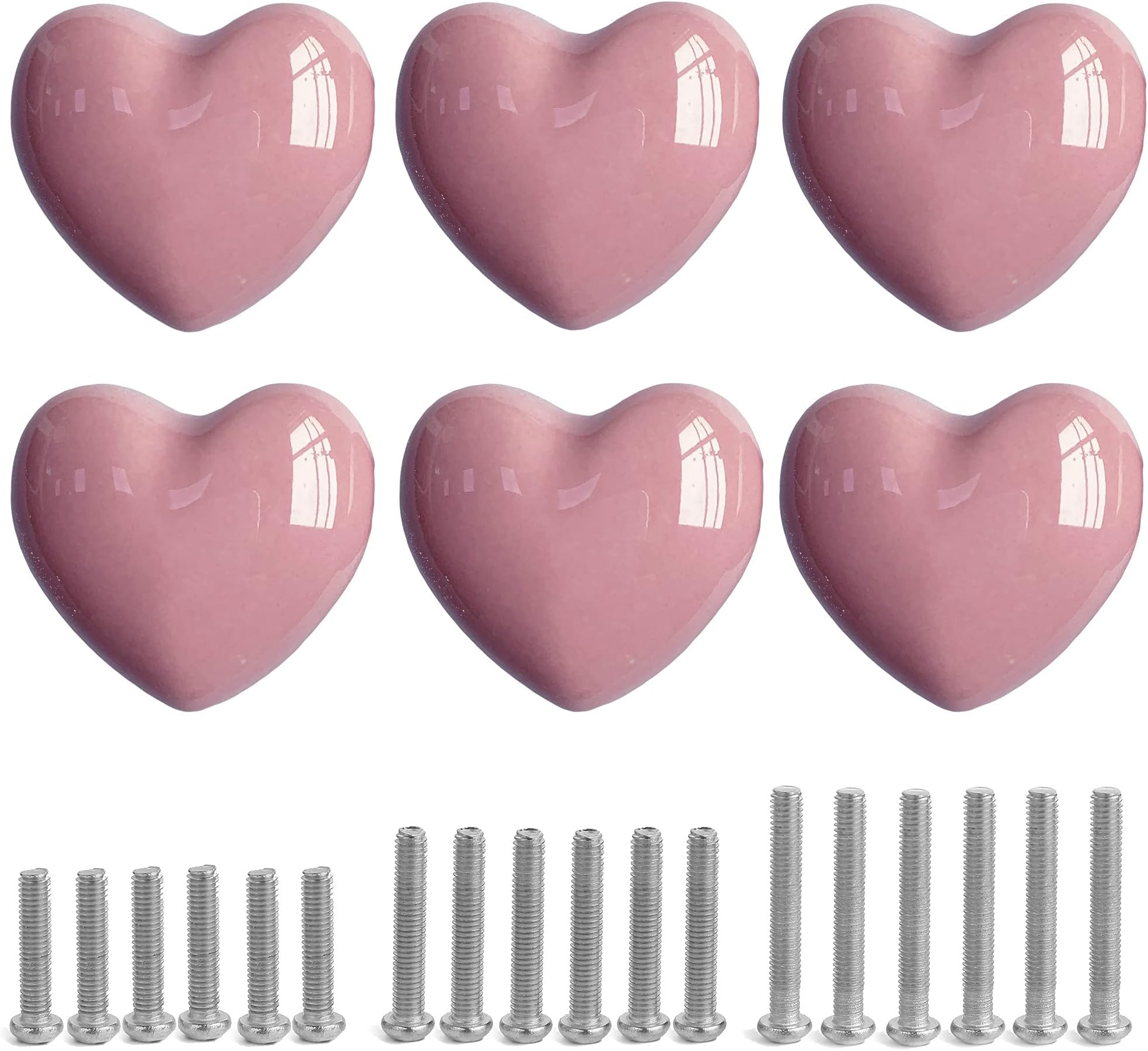 Ceramic Drawer Knobs Heart Shape Cabinet Dresser Pulls Handles with 3 Sized Screws, Kitchen Furniture Knobs for Closet Cupboard Wardrobe (6 Pack, Pink)