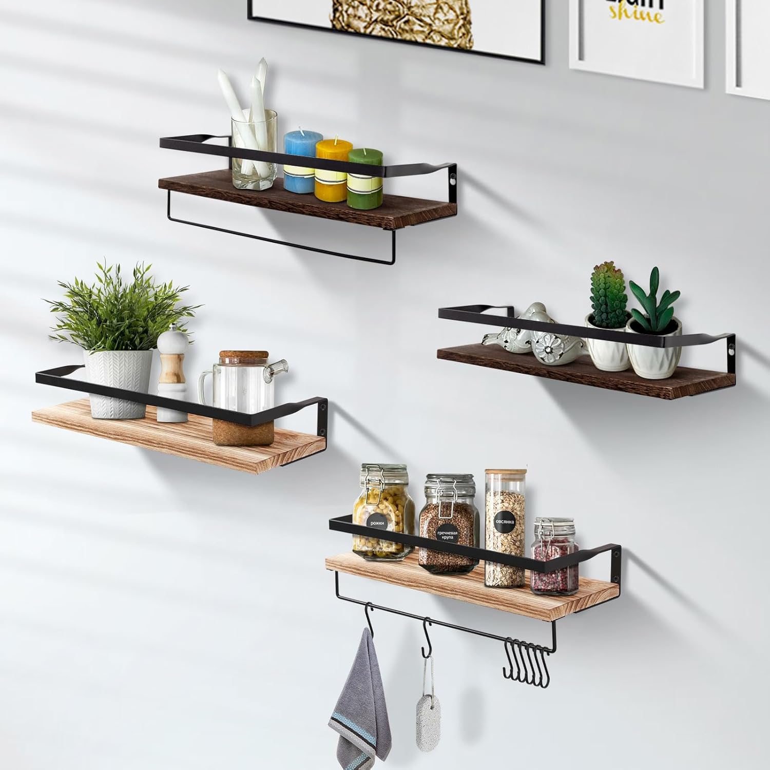 AGM Floating Shelves, 16.5 Bathroom Floating Shelf Set of 2, Carbonized Black Wall Storage Shelf with Towel Bar, Wall Mounted Shelves for Plants, Book, Bedroom, Kitchen, Living Room Decoration