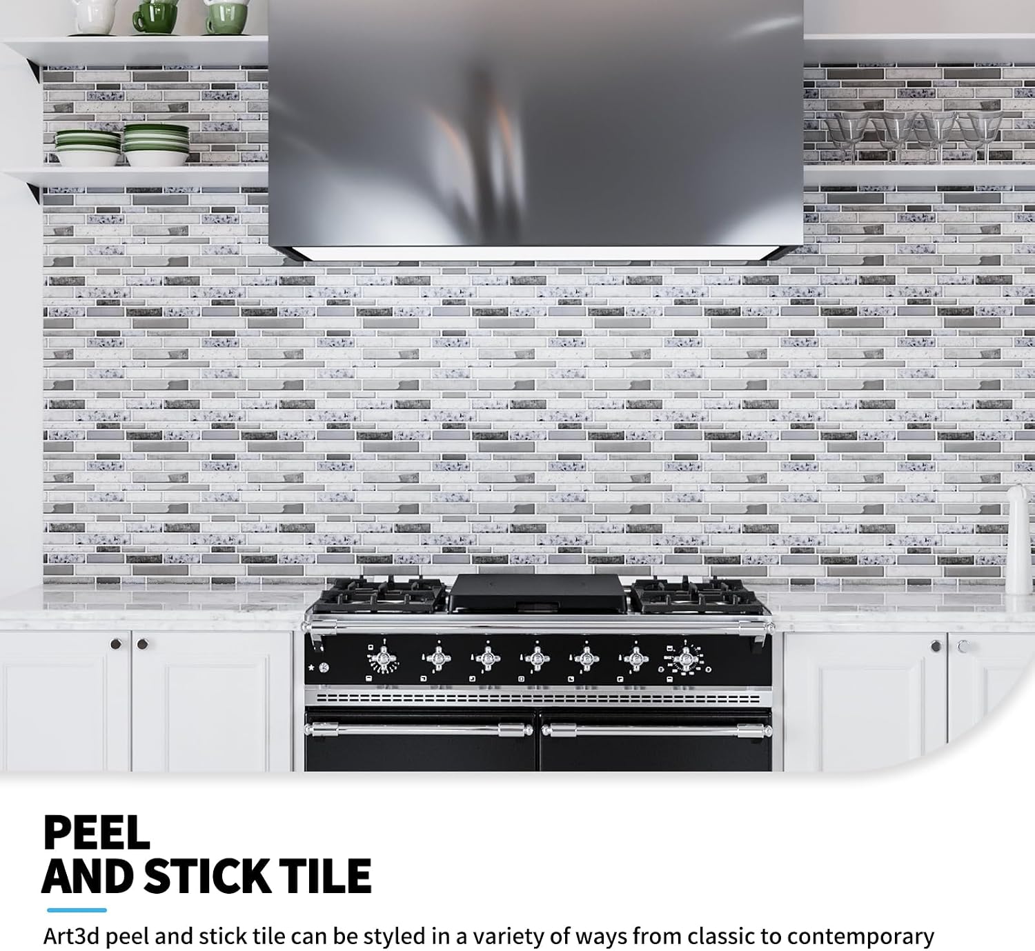 Art3d 10 Sheets Peel and Stick Brick Kitchen Backsplash Self-Adhesive Wall Tile Stone Design, Grey Marble