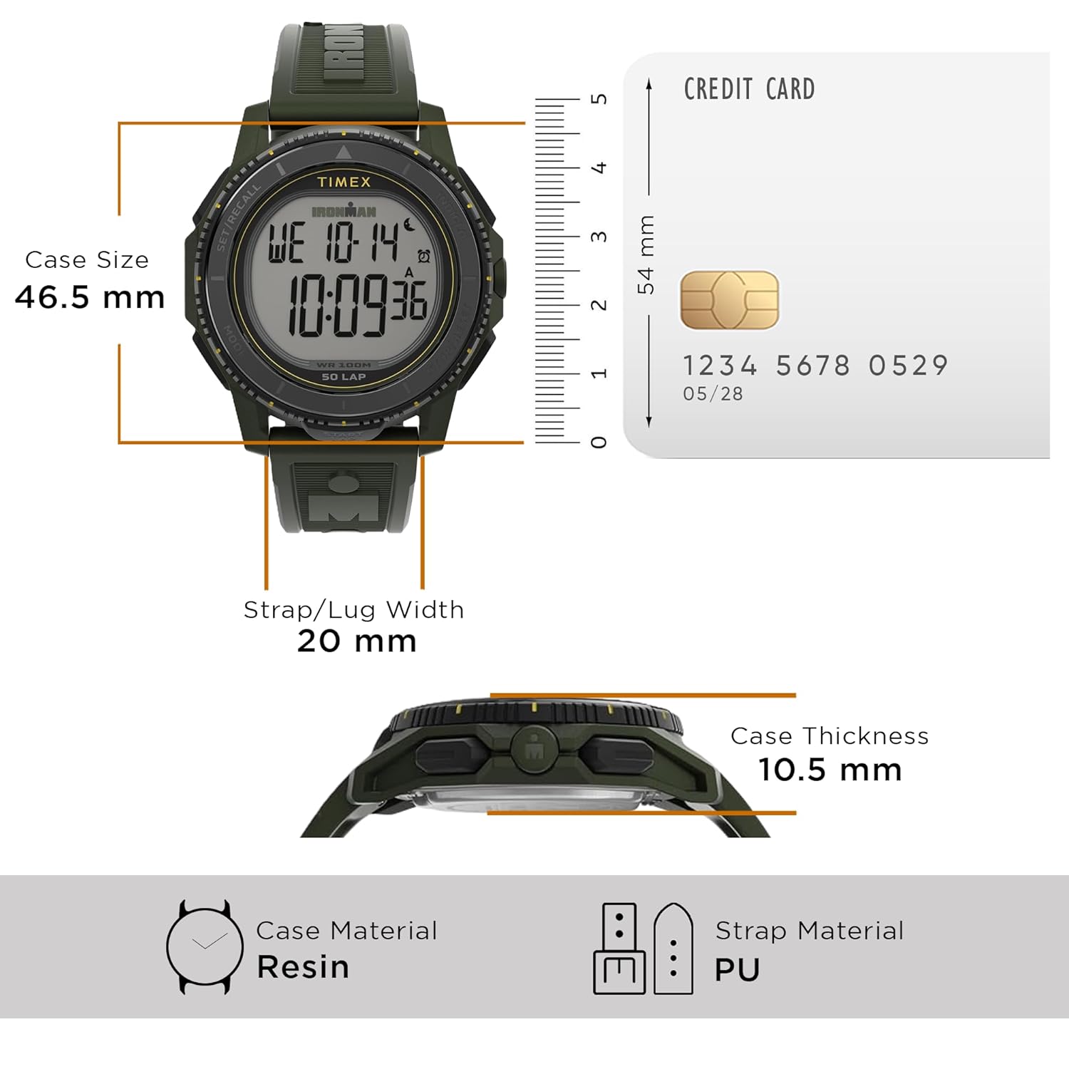 Image showing the dimensions of the TIMEX Ironman Finisher Adrenaline Digital Watch, including case size 46.5mm, strap/lug width 20mm, and case thickness 10.5mm.