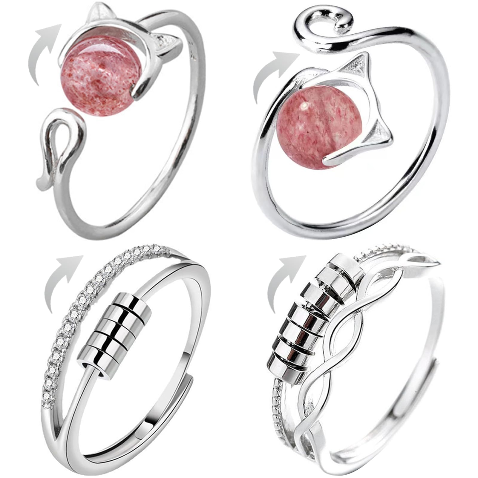 Anxiety Fidget Spinning Rings Mood Ring - Lot de 4 bagues anti-stress réglables - Bague rotative pour chat - Perles de relaxation - Cadeaux pour femmes et hommes