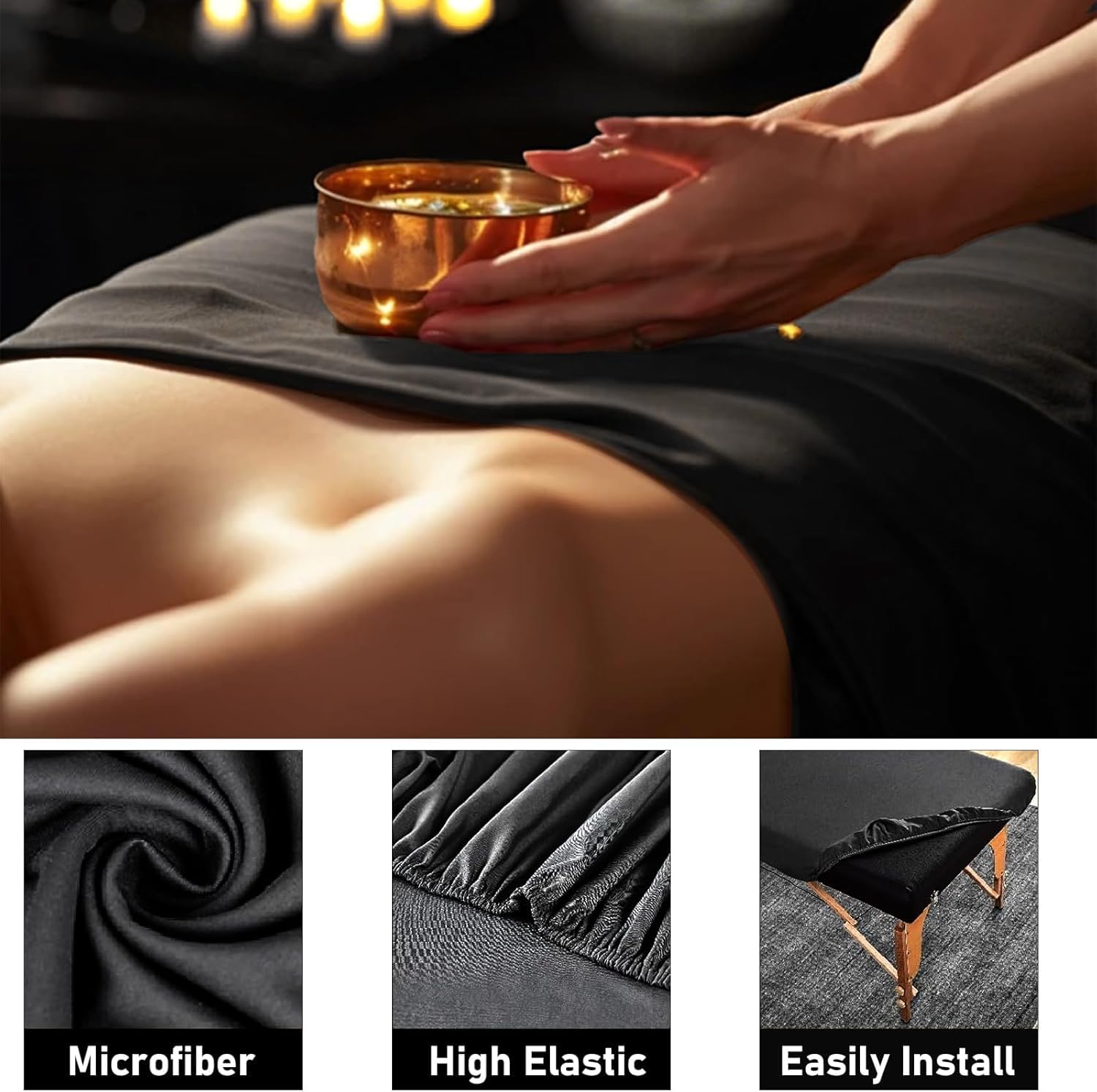 6-teiliges Mikrofaser Massageliegen Bettwäsche Set Premium Mikrofaserbezug-Set für Massageliegen,inkl. Bettlaken, Spannbetttuch und Spannbettlaken, für Beauty Salon Spa (Schwarz)