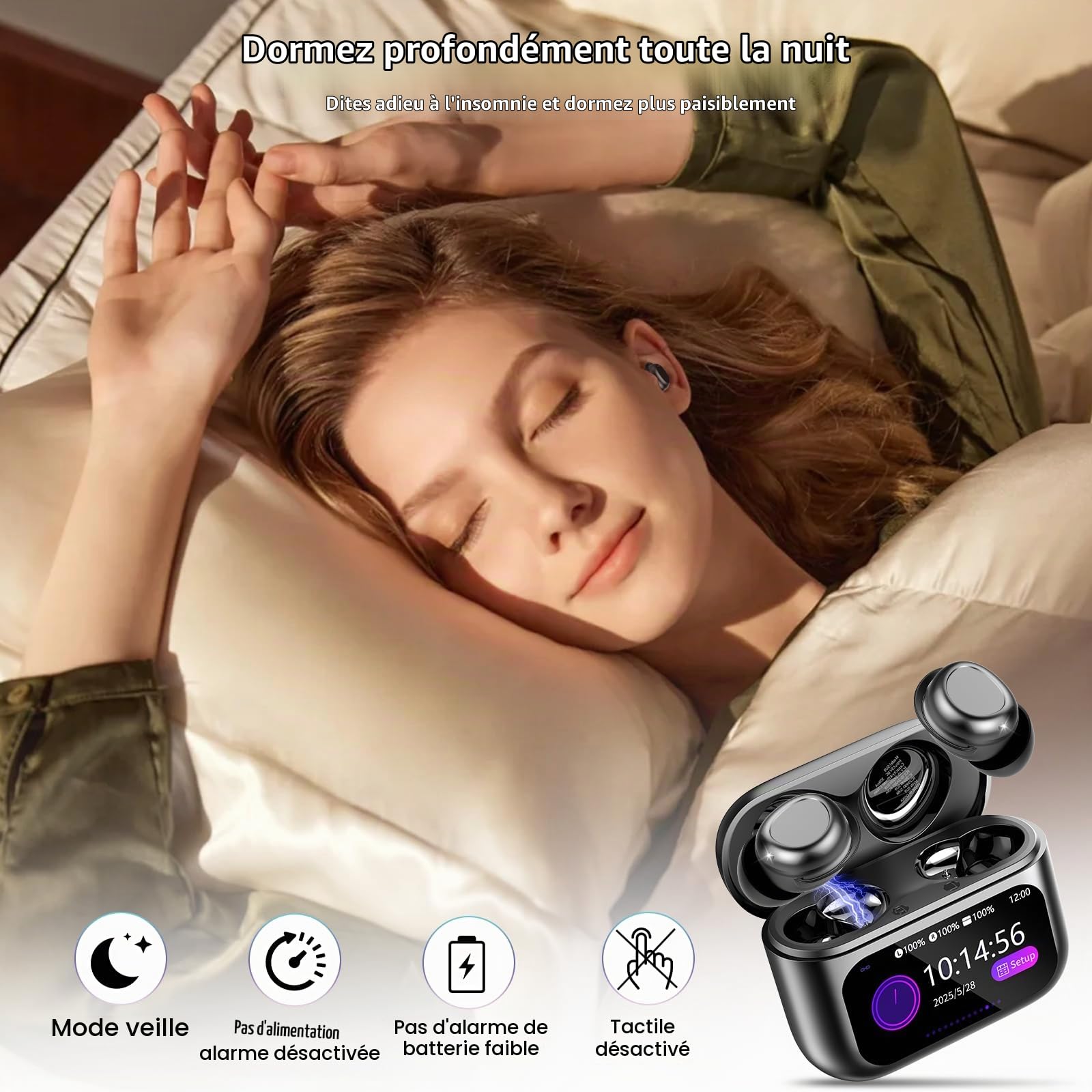 ZYHKON Ecouteurs Bluetooth Sans Fil, HiFi Stéréo Casque Bluetooth 5.4 Appels Clairs, Mini Écouteurs de Sommeil avec Écran Tactile, IP7 Étanche Écouteurs Intra-Auriculaires pour Dormir Sur le Côté Noir