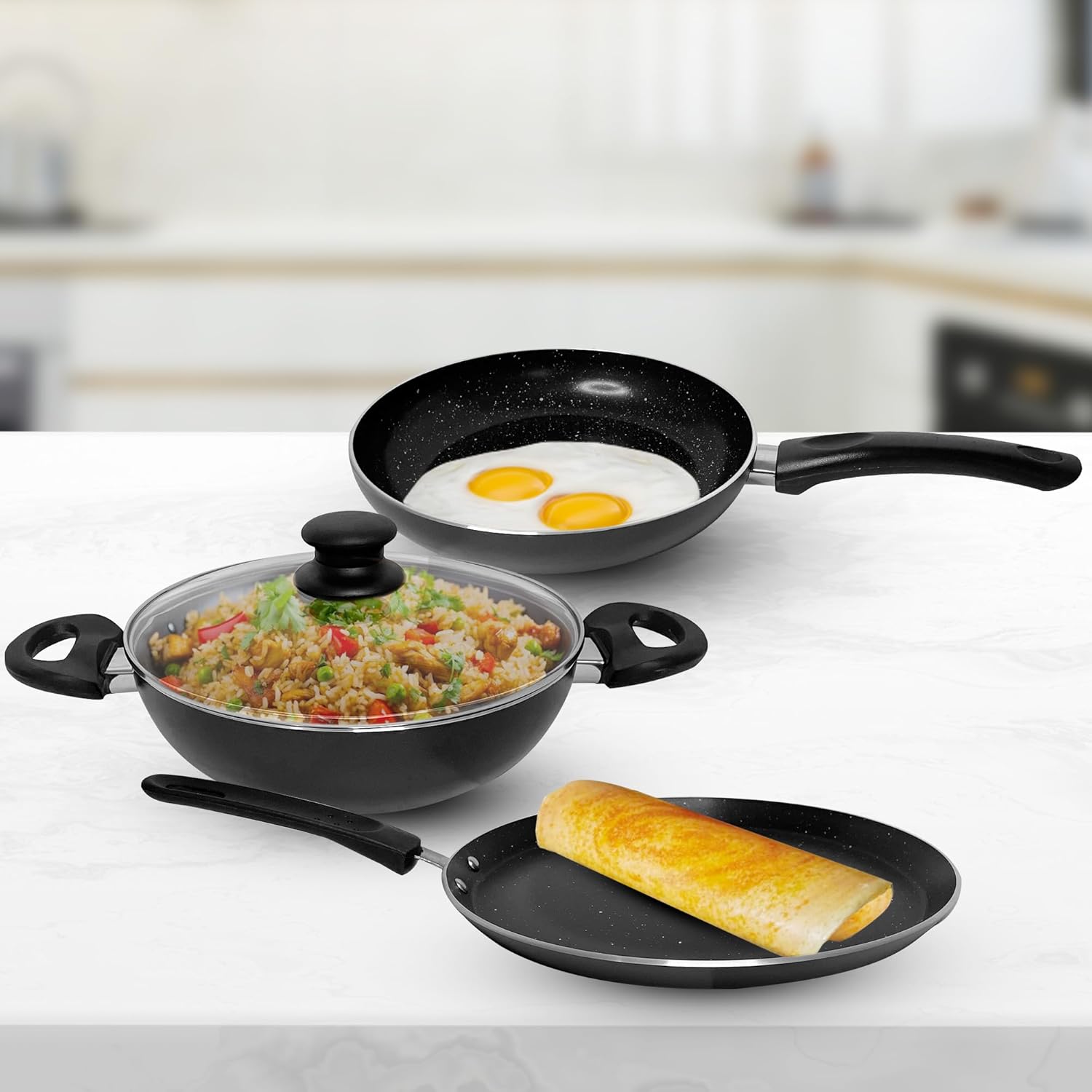 SAVYA HOME 3 Piece Non Stick Set | Non Stick Tawa 2.8mm | Non Stick Kadai | Frying Pan Non Stick | with Lid | Stove & Induction Cookware| 3 Layer Coating Non Stick Set Combo | 2 Year Warranty – Black