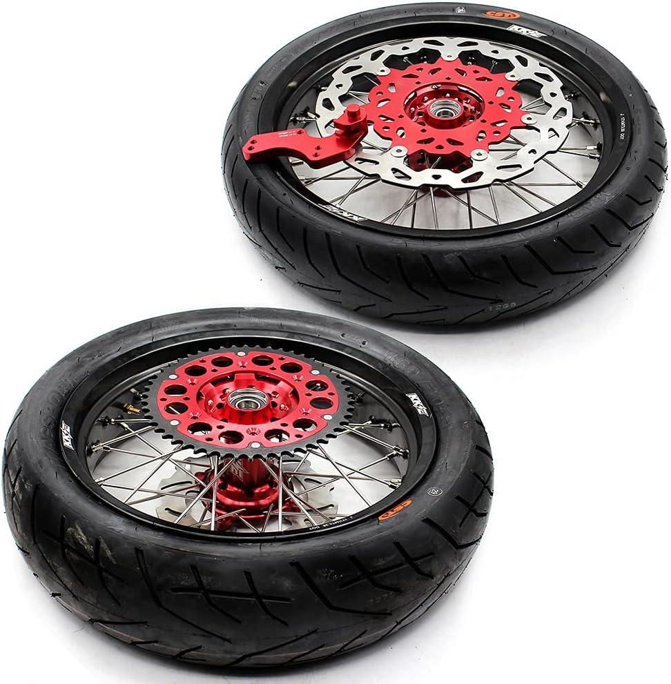 KKE 3.5/4.25 * 17" Supermoto Stunt Wheels Rim With Tires Compatible with HONDA CRF250R 2004-2013 CRF450R 2002-2012 Red Hub